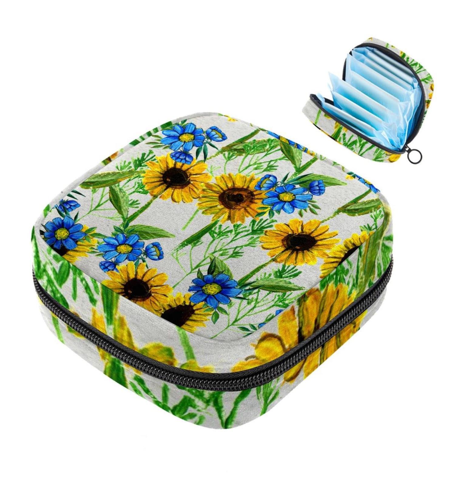 MUOOUM Menstrual Pad Bag | Zipper Sanitary Napkin Storage | Tampons Collect Bags for Women Girls | Sunflower Blue Flowers | Multi-Colored 4 - Buy Online on GoSupps.com