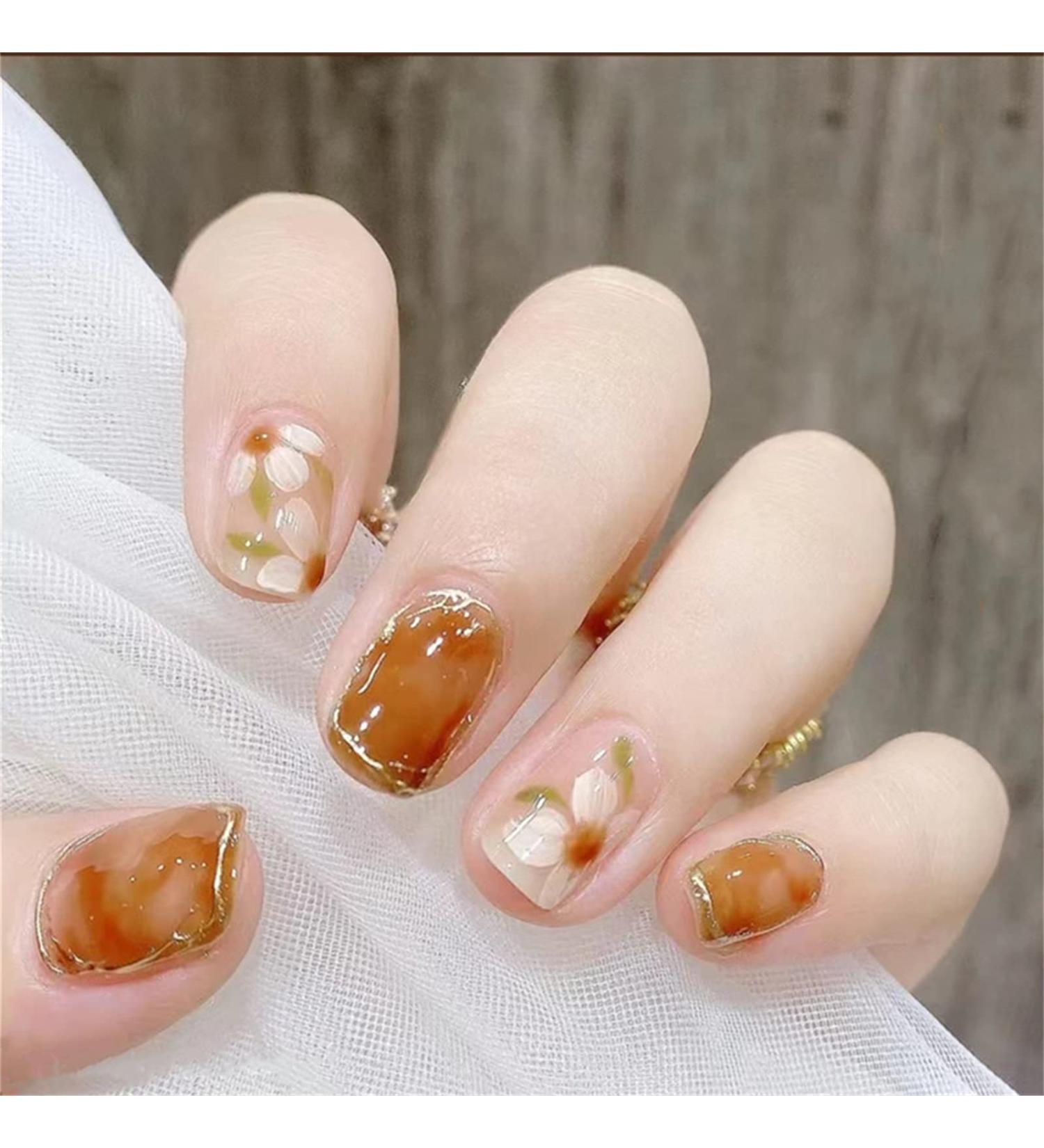 Spring Floral Camellia Short Round Press On Nails - 28 PCS with Glue | Glossy Orange False Nails - Buy Online on GoSupps.com