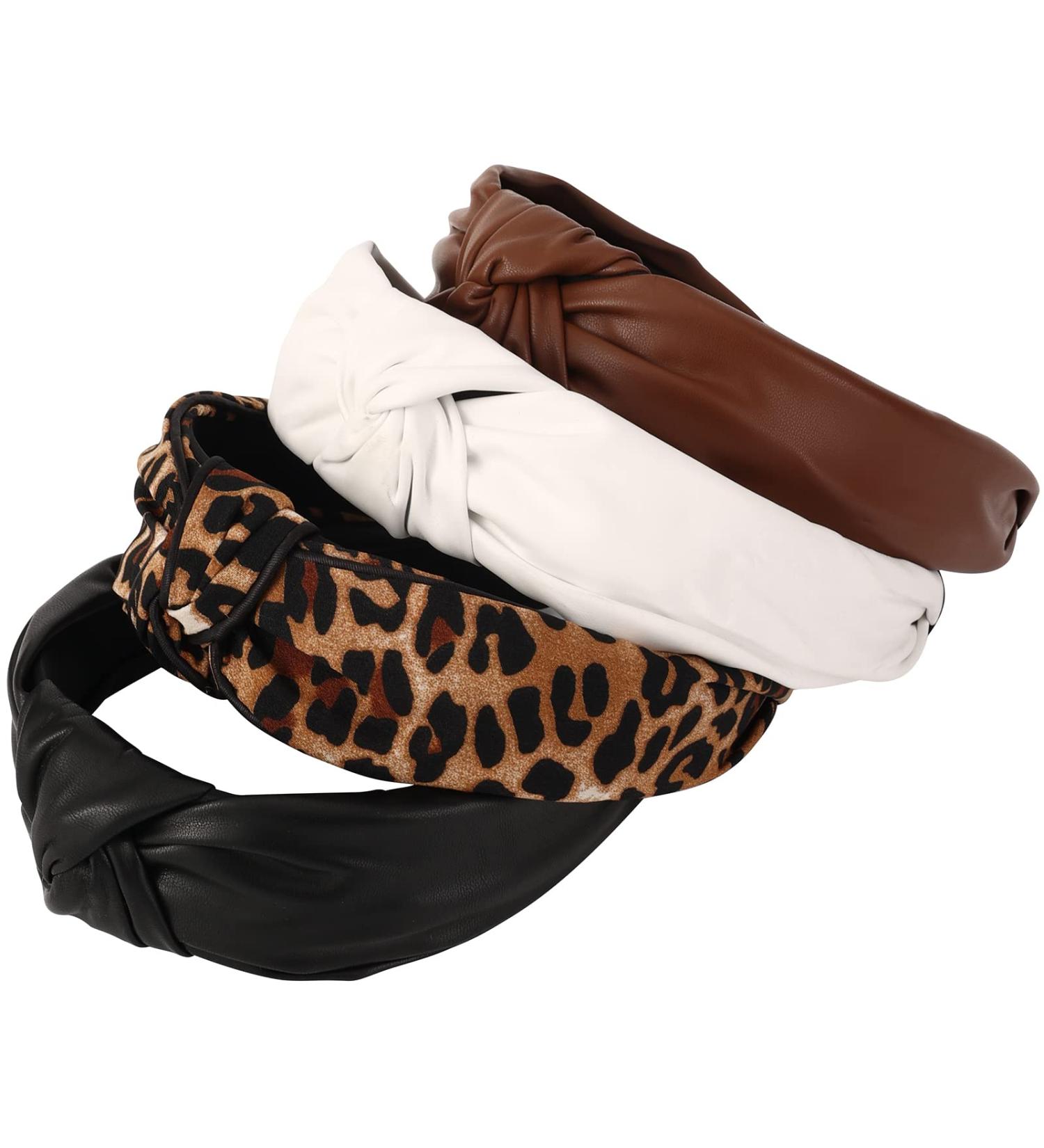 Drnytunk 4 Pack Women's Headbands - 3PCS Leather Cross Knotted + 1PCS Leopard Top Knotted Wide Headband - Non-Slip Elastic Hair Accessories - Buy Online on GoSupps.com