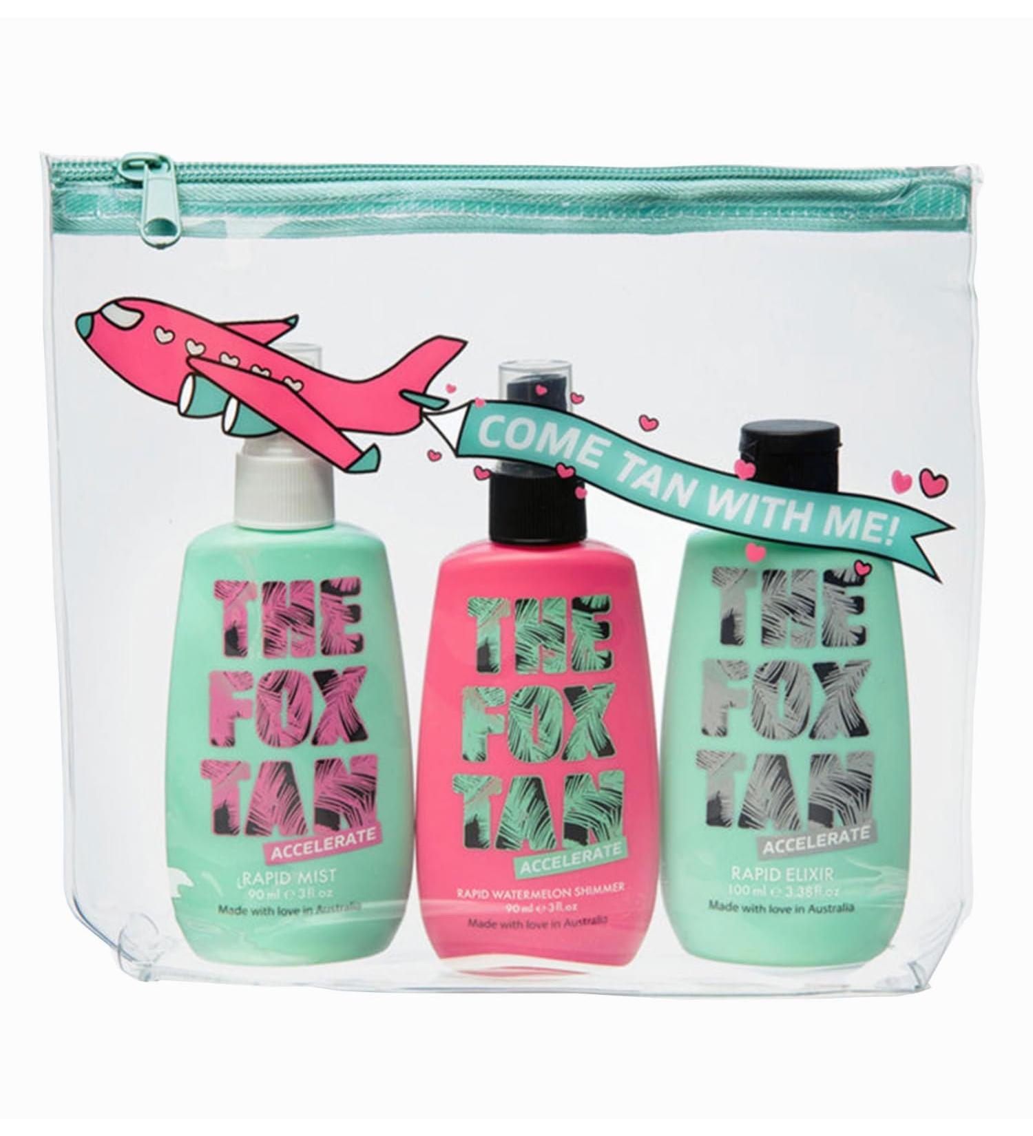 The Fox Tan - Set of 3 Tanning Accelerators - The Jet Setter - Without Self-Tanning for Body and Face Tanning Set with: Lotion Rapid Elixir Spray Rapid Mist Spray Rapid Watermelon Shimmer - Buy Online on GoSupps.com