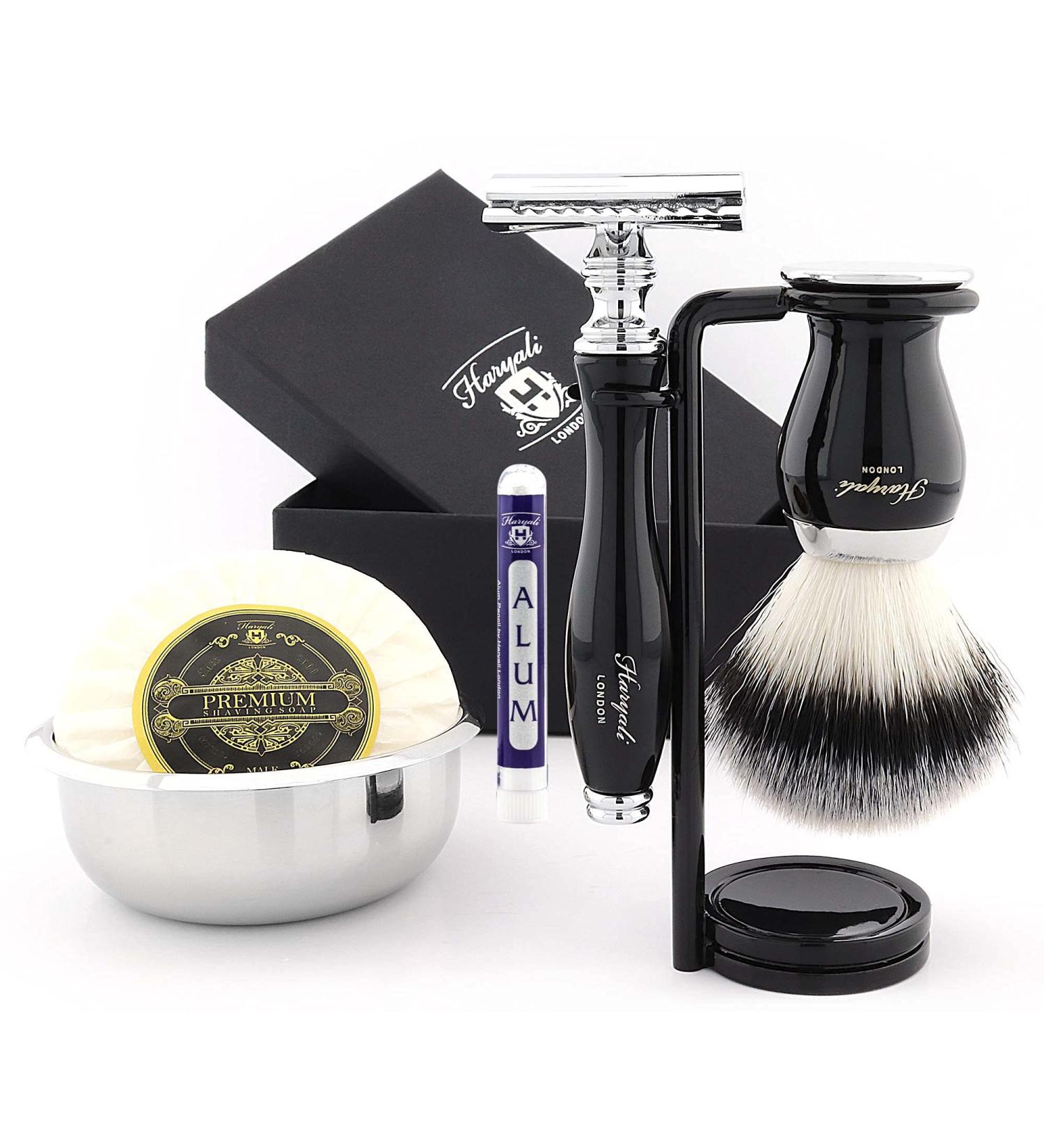Haryali London 6 Pc Shaving Kit - Double Edge Safety Razor, Synthetic Brush, Stand, Soap, Bowl, Alum - Black Shaving Set - Buy Online on GoSupps.com