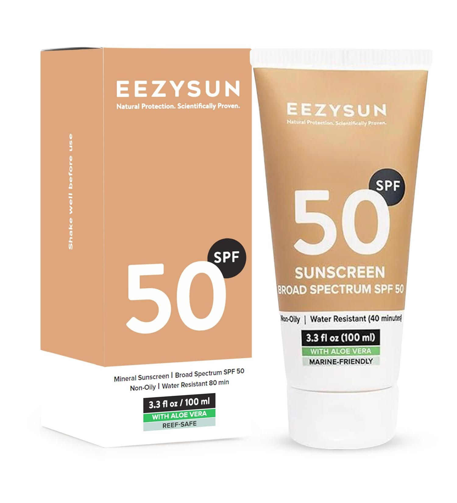 EEZYSUN Mineral SPF 50 Sunscreen | Infused with Aloe Vera | Vegan and Cruelty-Free | Hawaii 104 Reef Act Compliant | Broad Spectrum with UVA/UVB Protection | Natural & Non-Oily | 3.3 FL OZ - Buy Online on GoSupps.com
