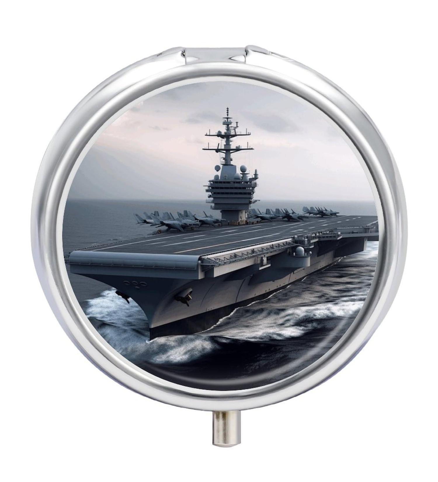 Round Pill Box with Aircraft Carrier Print | 3 Compartment Portable Pill Organizer | Decorative Metal Pocket Pill Case - Buy Online on GoSupps.com
