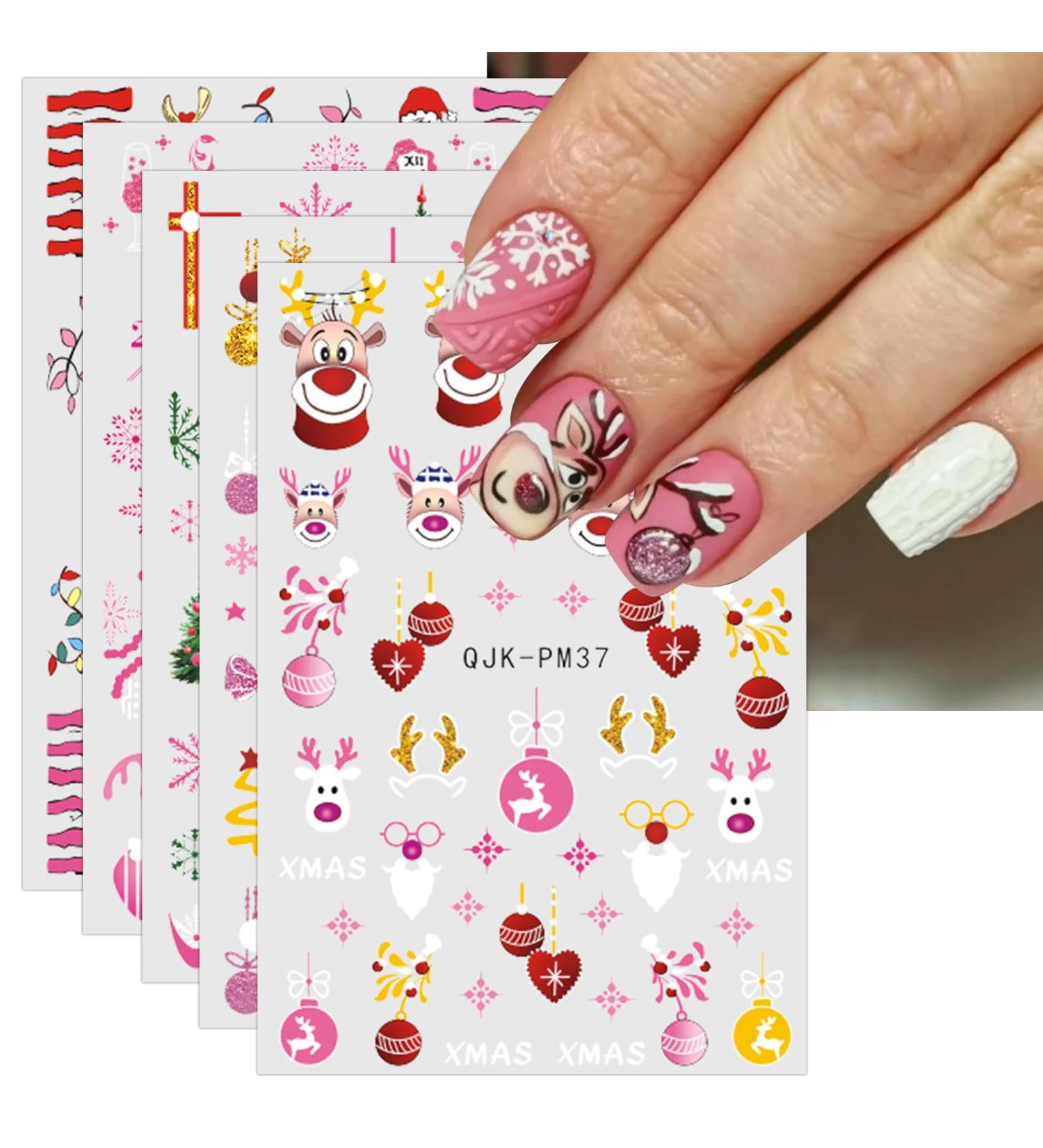 JMEOWIO 10 Sheets Christmas Pink Nail Art Stickers Decals Self-Adhesive Snowflake Winter Holiday Cute Elk Nail Supplies Nail Art Design Decoration Accessories - Buy Online on GoSupps.com