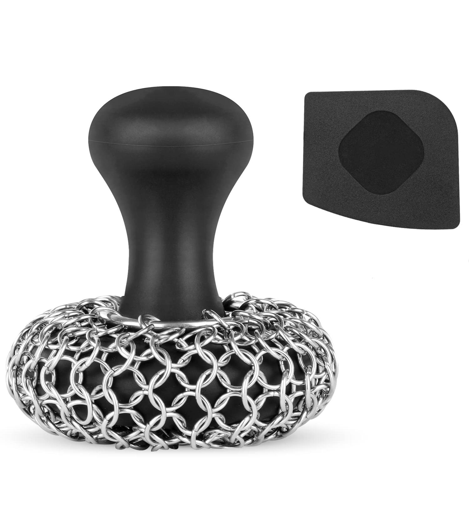 316 Chainmail Cast Iron Scrubber & Pan Scraper with Silicone Handle - Easy to Use & Dishwasher Safe - Black - Buy Online on GoSupps.com