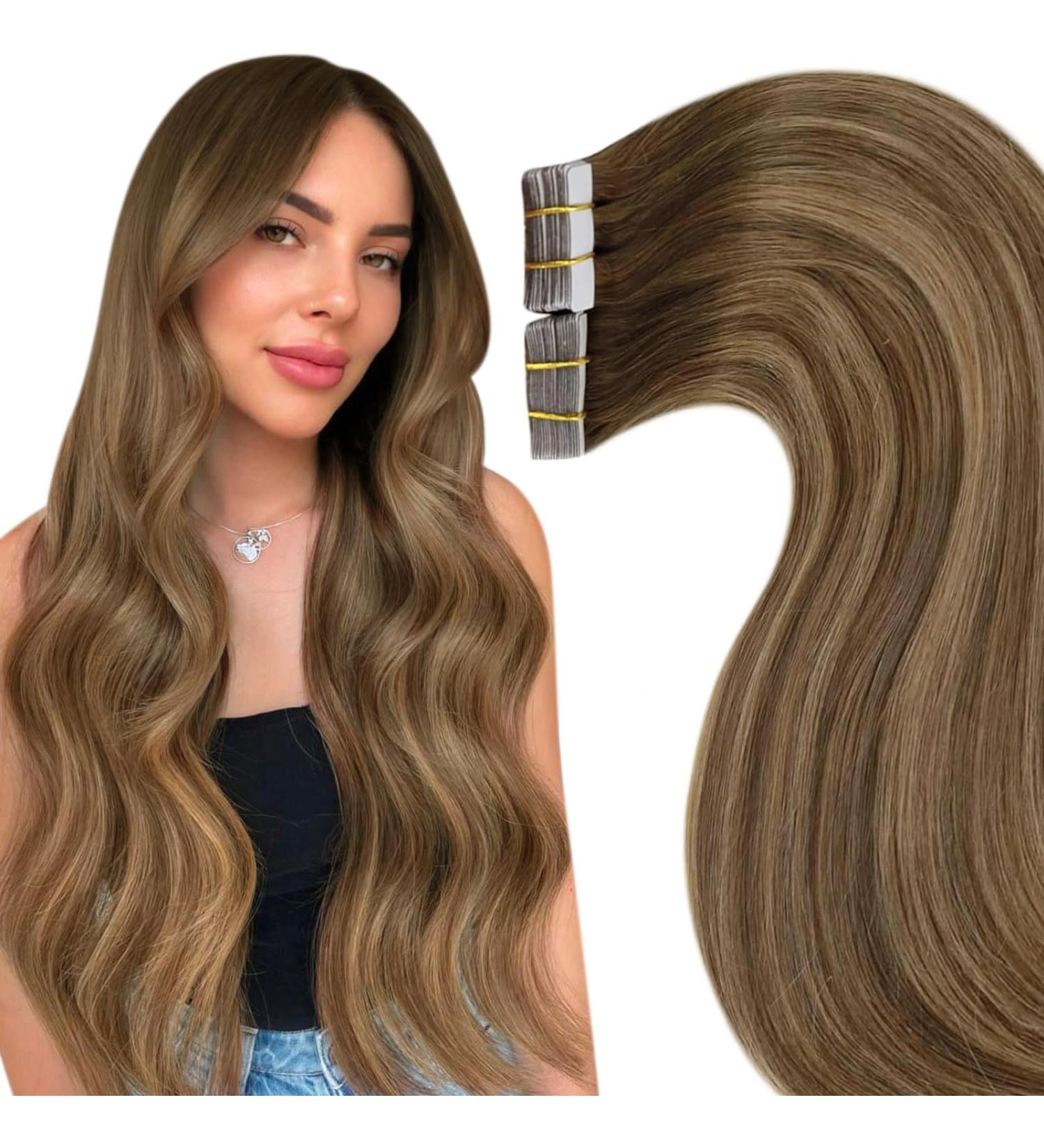 Shop Laavoo 30g Tape In Hair Extensions | Real Remy Balayage Ombre #8/16/8 - Light Brown to Golden Blonde - 30cm 20pcs - Buy Online on GoSupps.com