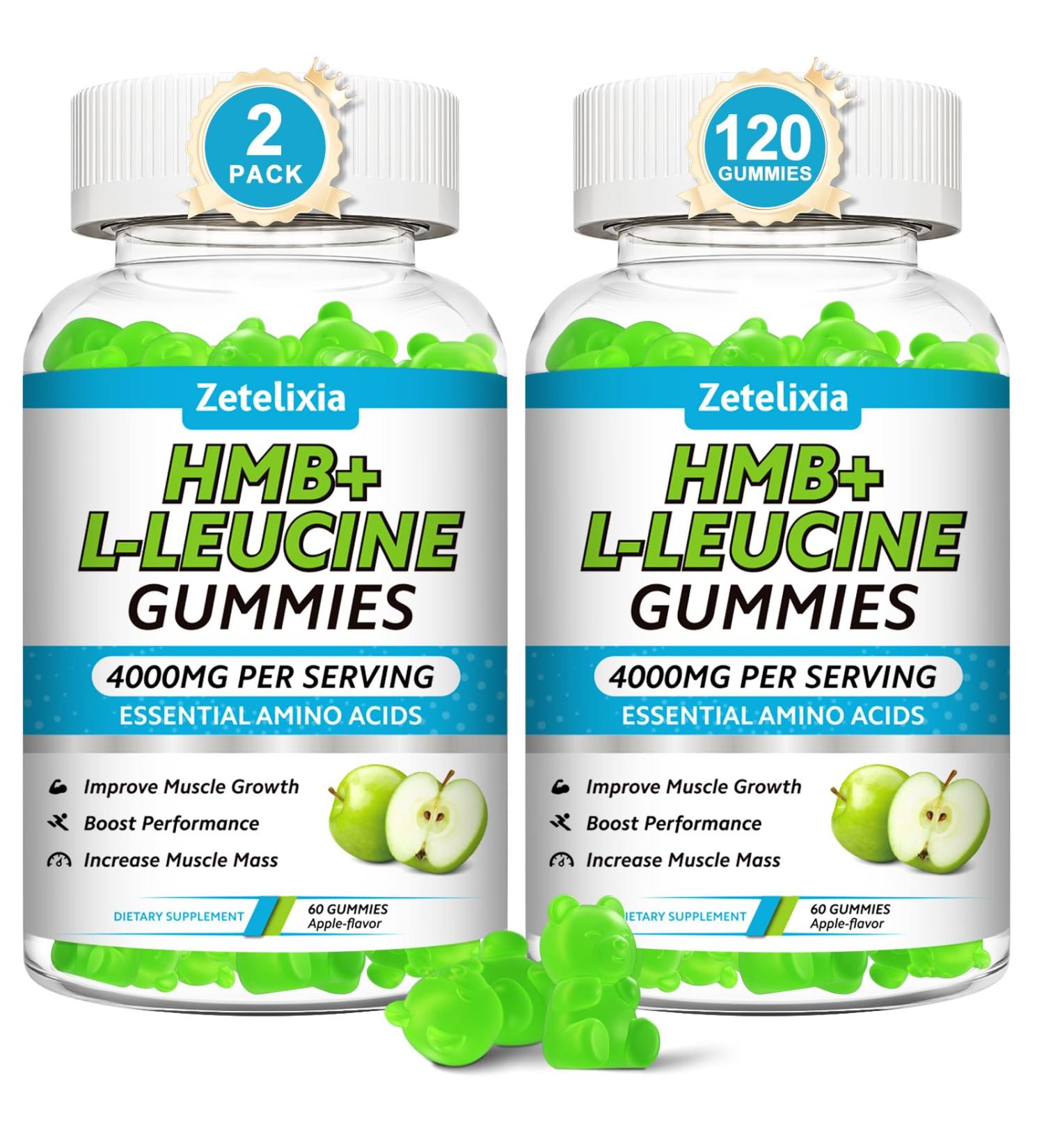 HMB and L-Leucine Gummies 4000mg HMB and Leucine Supplements Amino Acid Gummies for Men & Women Support Muscle Growth Muscle Relief and Workout Recovery Sugar-Free Vegan Apple Flavor 120 Count 60 Count (Pack of 2) - Buy Online on GoSupps.com