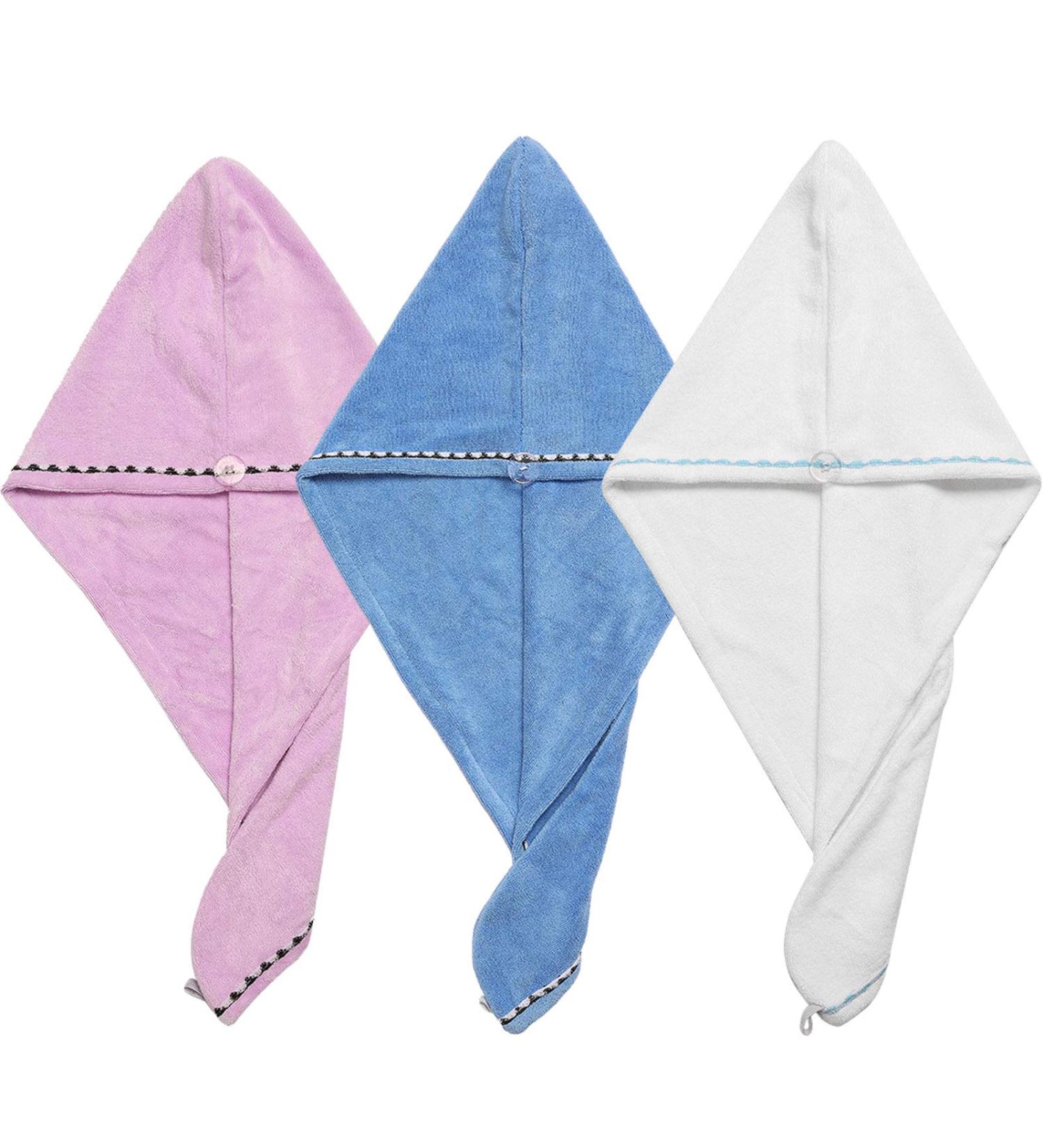 Microfiber Hair Towel Wrap Turban | Quick Dry Bath Shower Towel with Buttons - White Blue Pink - Buy Online on GoSupps.com