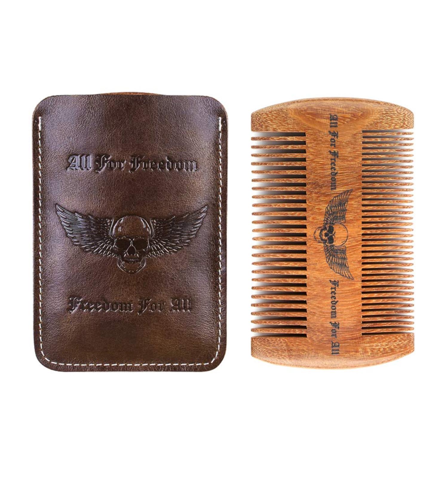 Beard Comb Kit with Leather Case | Handmade Wooden Gifts for Men | Mustache & Beard Care (Skull Wings Design) - Buy Online on GoSupps.com