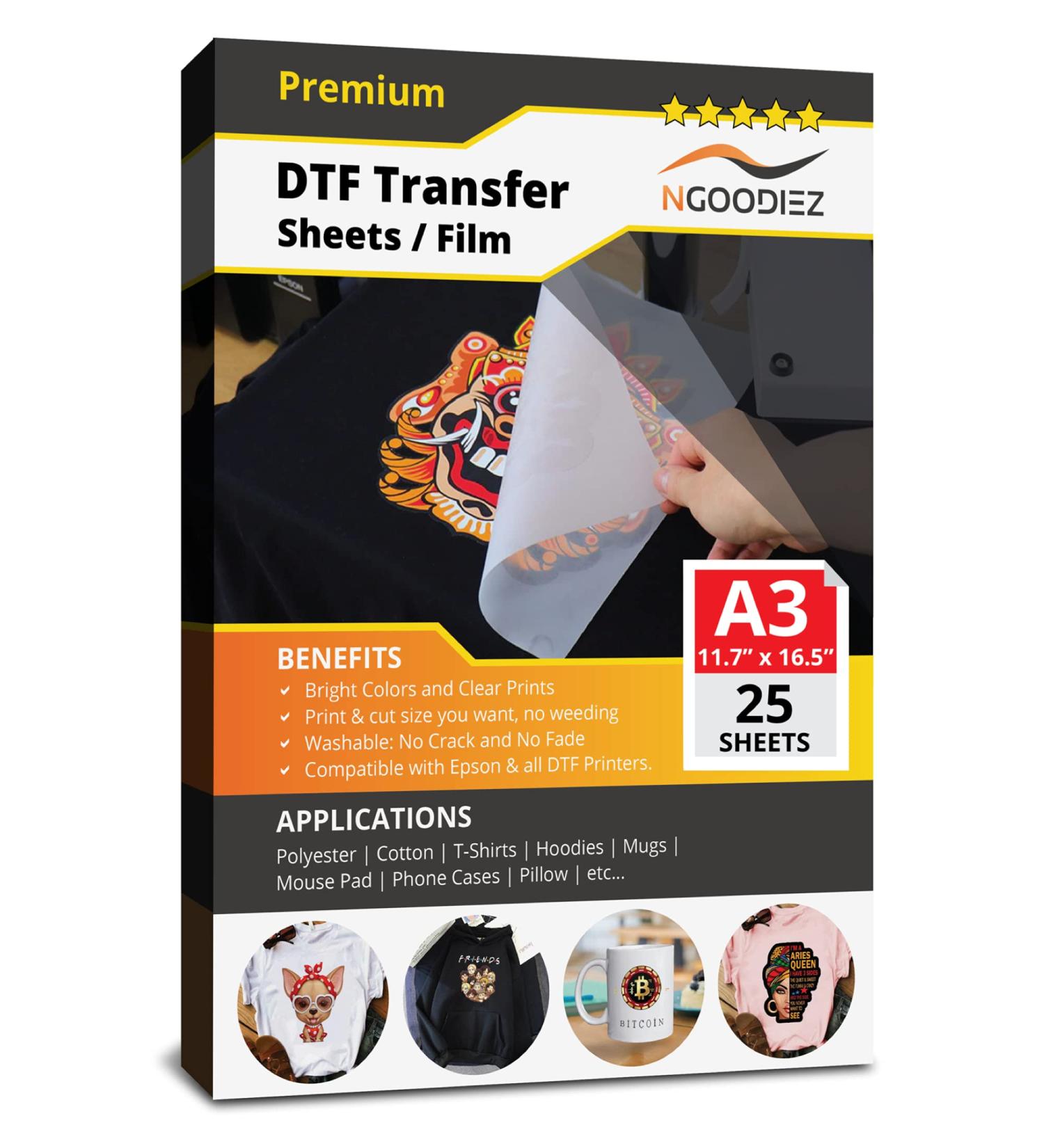 NGOODIEZ DTF Transfer Film Double-Sided Heat Transfer Film Matte A3 Size 25 Sheets - Buy Online on GoSupps.com