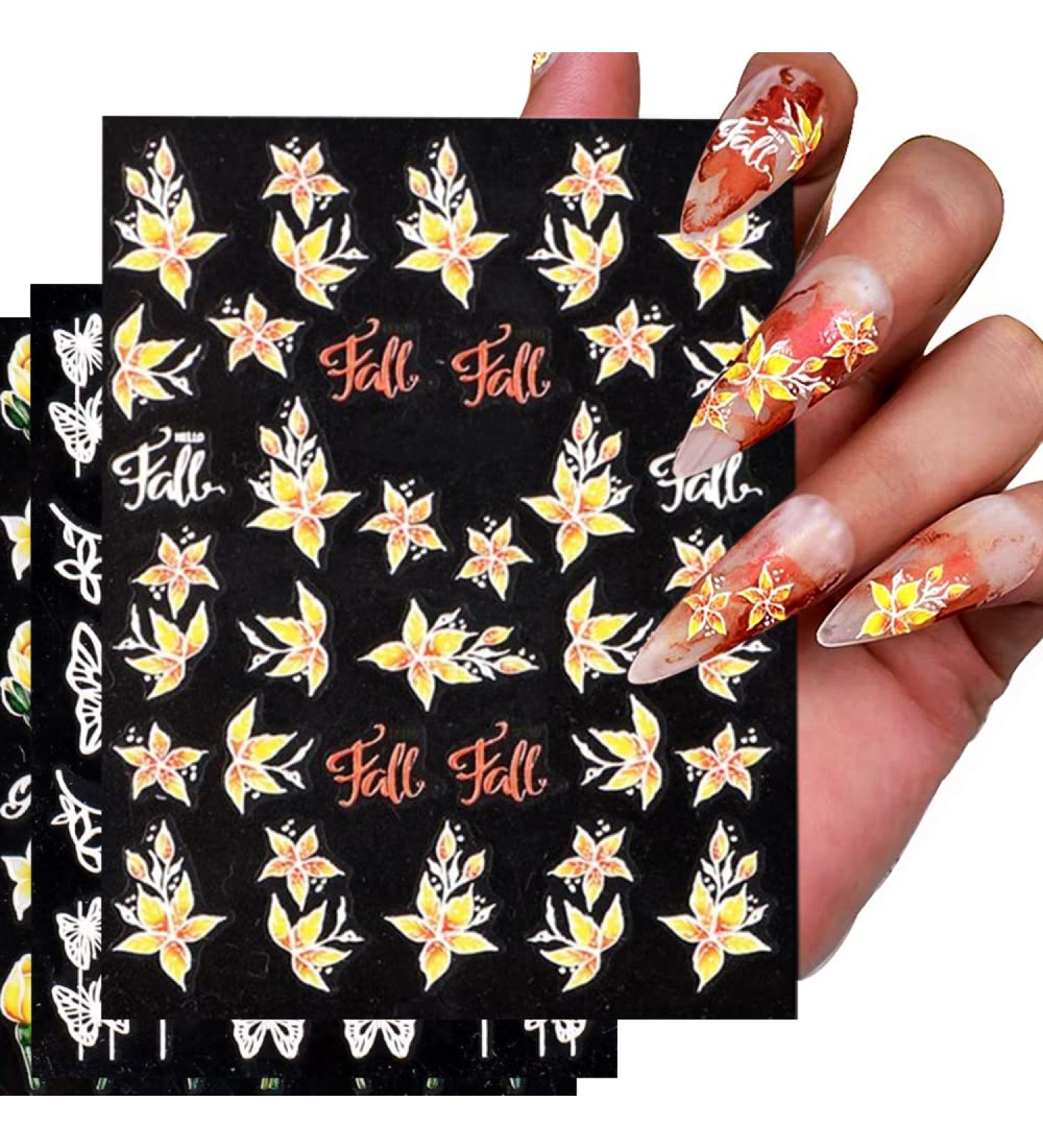 Nail Art Stickers Xcreando 6 Sheets 5D Embossed Fall Self-Adhesive Nail Polish Stickers Autumn Nail Decals Designed with Maple Flowers Butterflies Pumpkin Owl Thick DIY 3D Nail Art Supplies for Thanksgiving Day Decorations colorful - Buy Online on GoSupps.com