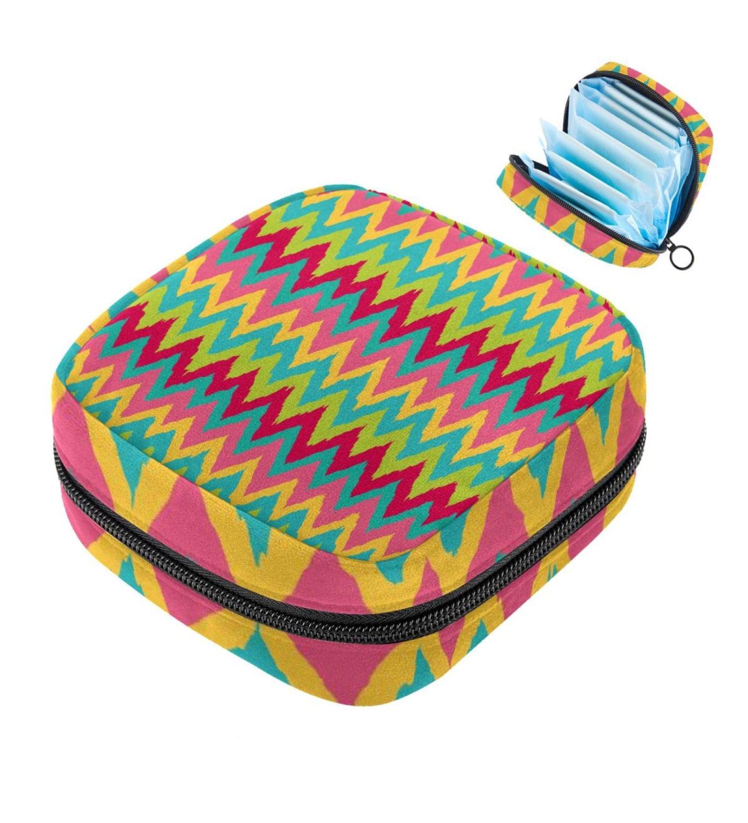 Stylish Menstruation Pad Bag with Zipper | Women's Tampon & Napkin Storage Bags in Yellow Pink Blue Green & Zigzag Pattern - Buy Online on GoSupps.com