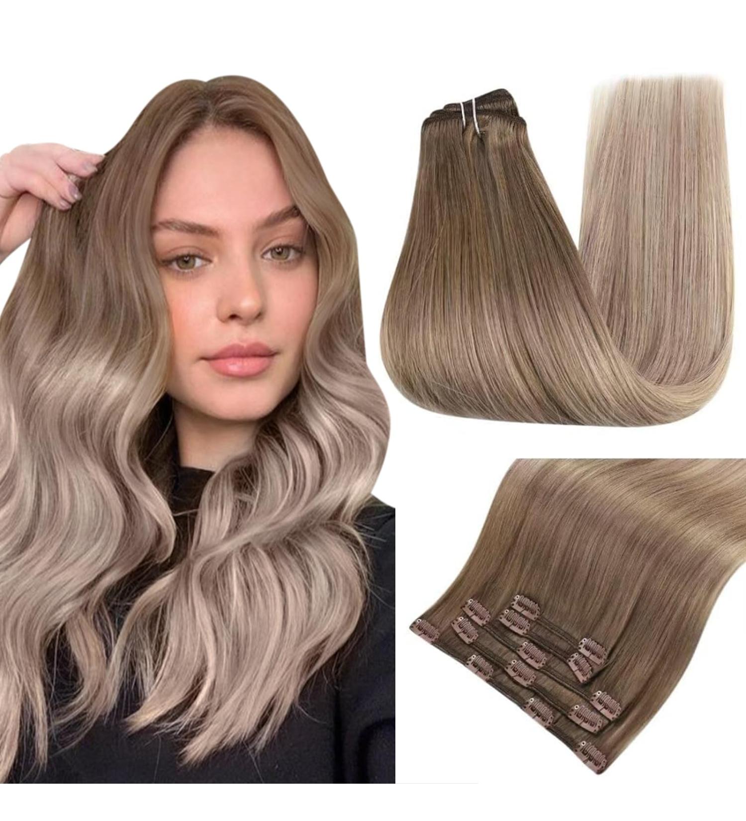 Easyouth Ombre Double Weft Clip in Extensions Light Brown to Platinum Blonde/Ash Balayage Real Hair - 16 70g 7Pcs (#8/60/18) - Buy Online on GoSupps.com