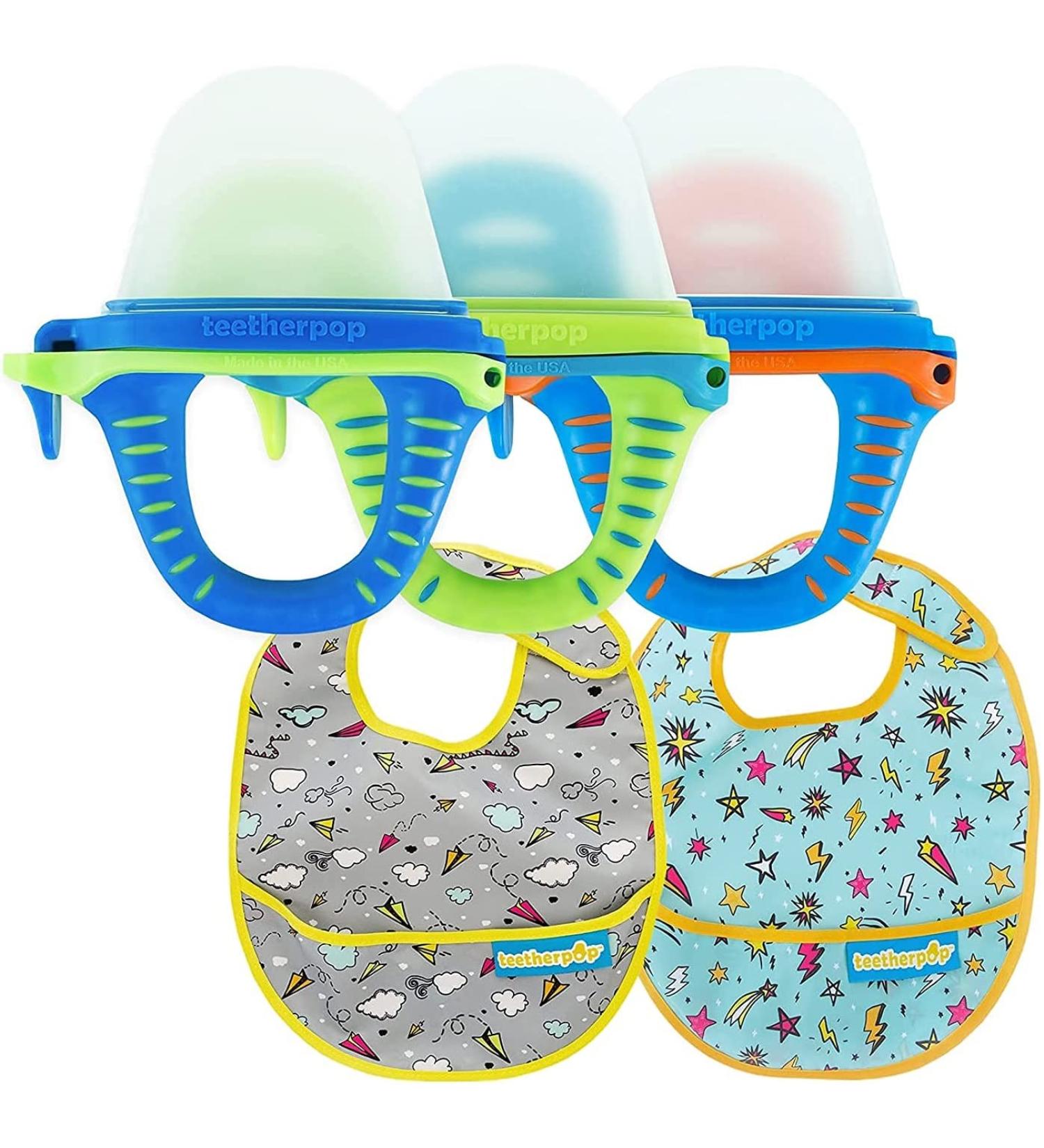 Bundle: 3 teetherpop Fillable Freezable Teethers & 2 Baby Bibs - Blue Paper Planes Shooting Stars - Buy Online on GoSupps.com