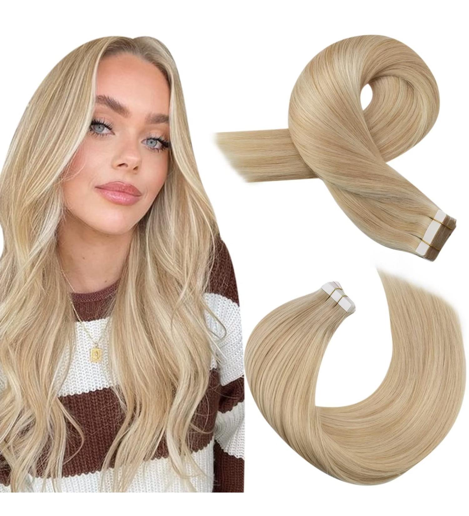 Moresoo 22 Inch Tape in Human Hair Extensions Caramel Blonde with Platinum Blonde Highlights | Skin Weft Hair Extensions 20 Pieces/50g #P14/613 - Buy Online on GoSupps.com