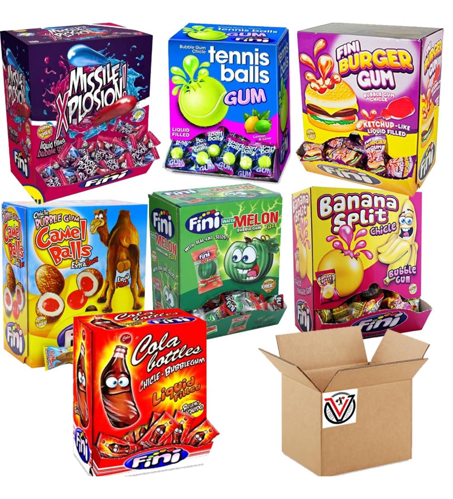 Fini Watermelon Missile Xplosion Tennis Balls Camel Balls Cola Bottles Burger & Banana Split Bubblegum Box 1kg(200 Counts) | Pick any two boxes | VIMIX - Buy Online on GoSupps.com