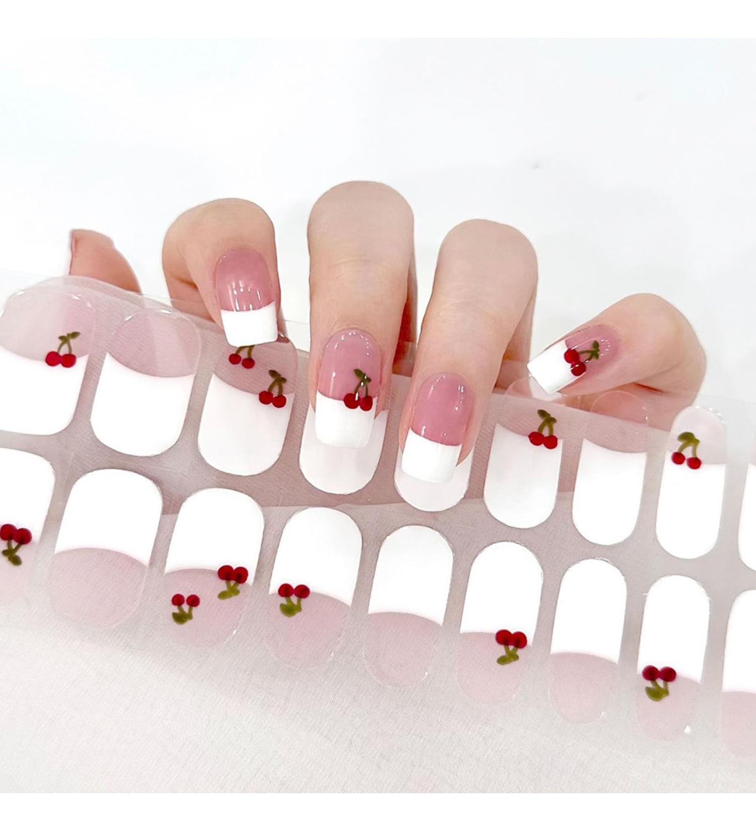 Ceboic UV Gel Nail Foil - 22 Half-Hardened Self-Adhesive Gel Nail Strips - Long-Lasting Cherry French Design - UV/LED Lamp Required - Buy Online on GoSupps.com