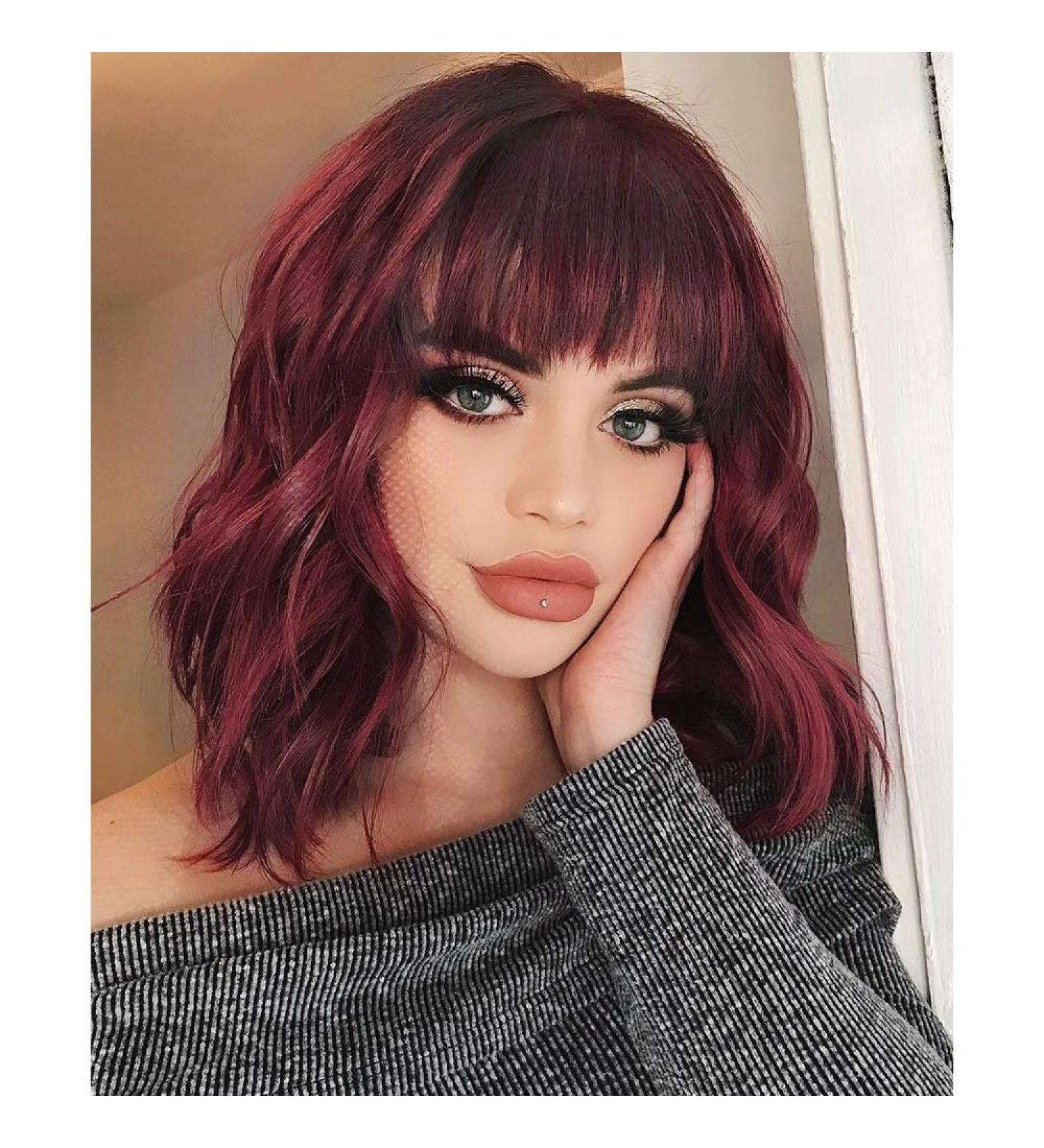 FVCENT Short Curly Burgundy Wig for Women | Shoulder Length Full Bang Wavy Hair - Buy Online on GoSupps.com