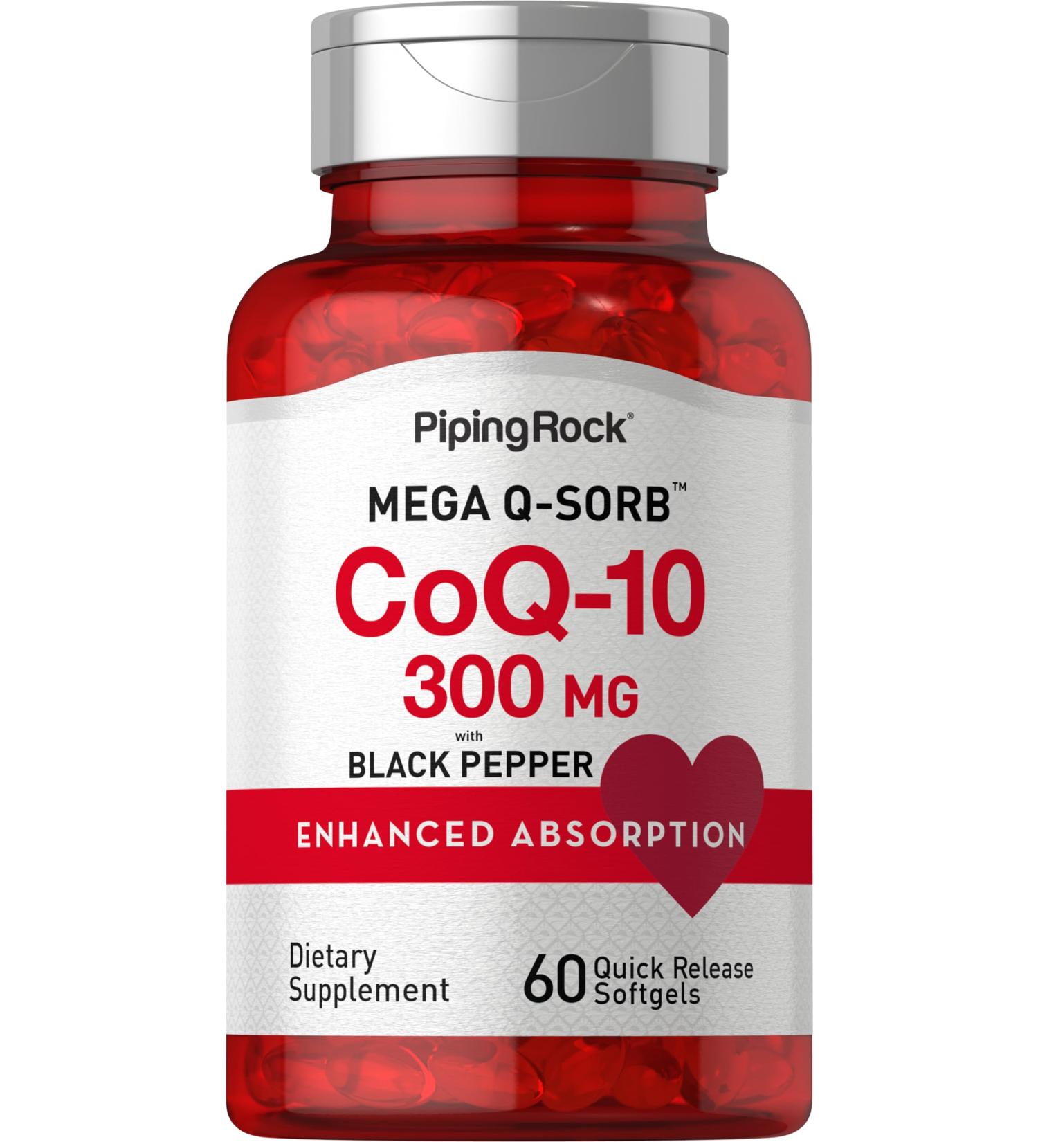 Piping Rock CoQ10 300mg Softgels - Enhanced Absorption Non-GMO Gluten Free | 60 Pills with Black Pepper | Coenzyme Q10 Supplement - Buy Online on GoSupps.com