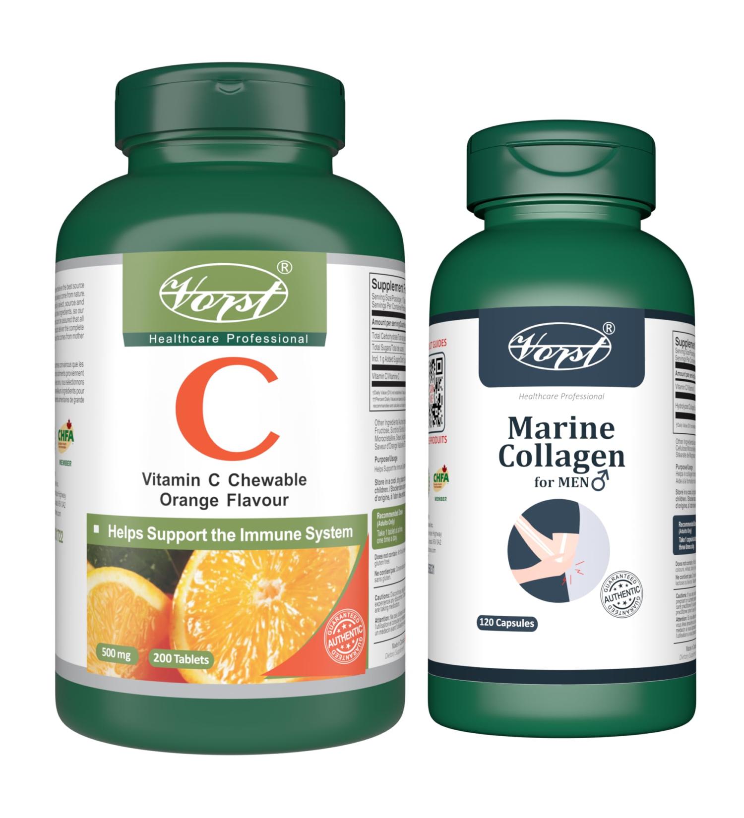VORST Marine Collagen for Men 120 Capsules and Vitamin C 200 Tablets (Combo Bundle 2 Bottles) - Buy Online on GoSupps.com