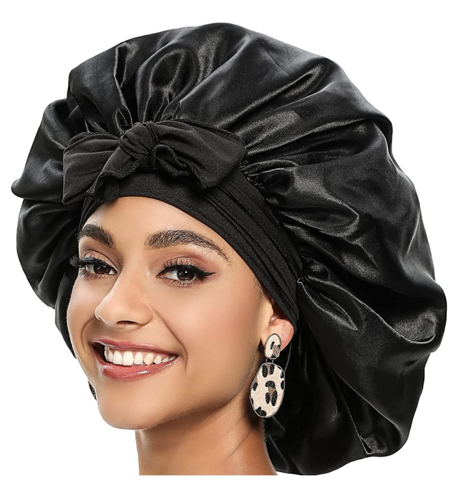 Satin Silk Bonnet for Sleeping | Prevent Hair Frizz | Soft Elastic Hair Wrap for Women | Curly, Black, Blond Hair | Sleep Cover with Bow Tie - Buy Online on GoSupps.com