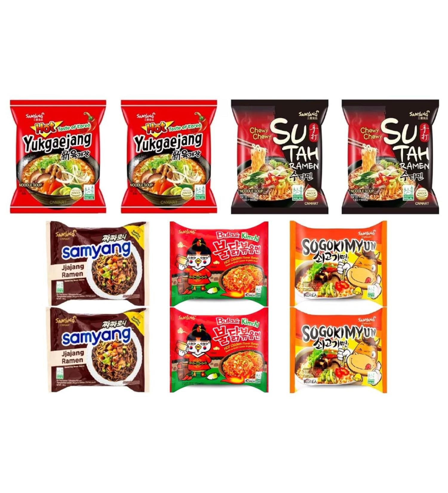 Samyang Korean Instant Noodle Soup Ramen (Hot Chicken Kimchi Sogokimyun Black Bean Yukgaejang SuTah) 5 Different Flavours Halal (Pack of 10) by CNMART - Buy Online on GoSupps.com