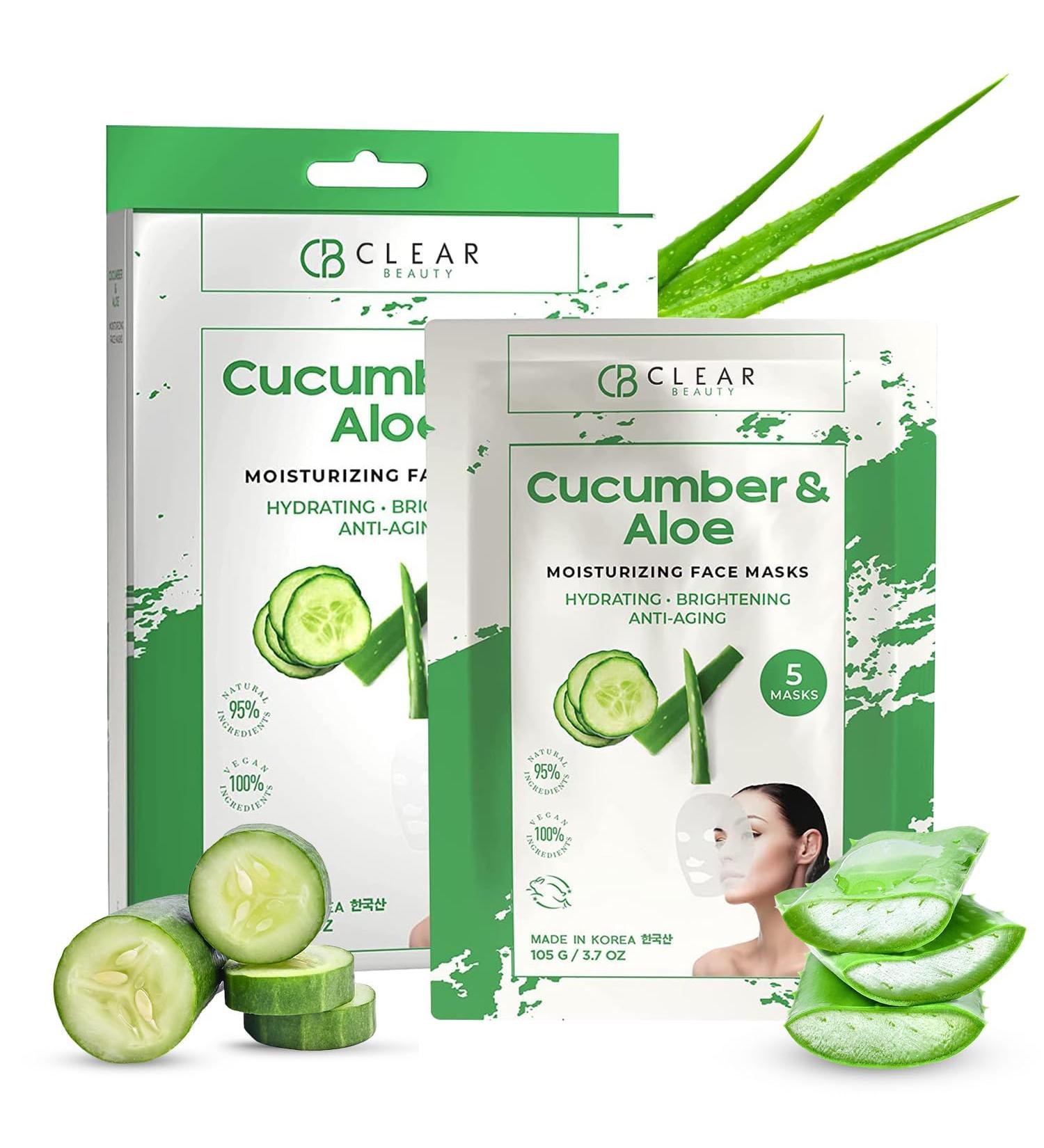 Cucumber & Aloe Moisturizing Face Mask - Dermatologist Tested Soothes Irritated Skin Reduces Wrinkles & Fine Lines Hydrating Cruelty-Free Korean Skin Care - All Skin Types - 4 Pack