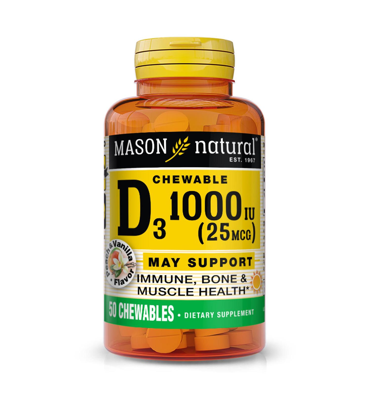 MASON NATURAL Vitamin D3 1000 IU (25 mcg) Peach Vanilla Chewable Tablets for Adults & Kids to Support Muscle Function 50-Day Supply (Pack of 1) - Buy Online on GoSupps.com