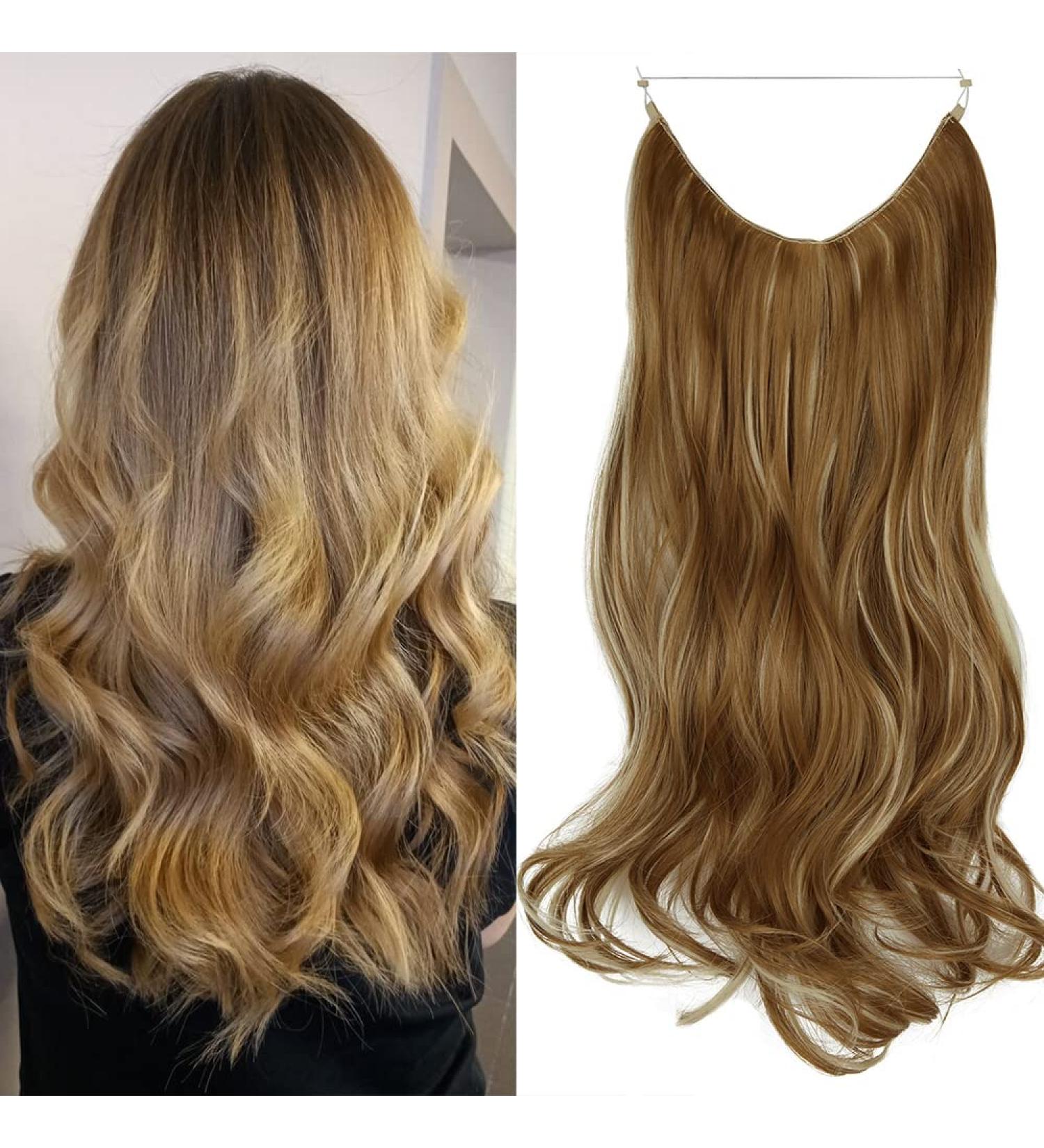 OMGREAT Long Halo Hair Extensions Highlight 18 Inch Wavy Curly Synthetic Hair Piece - Ginger Brown Mix Bleach Blonde - Buy Online on GoSupps.com