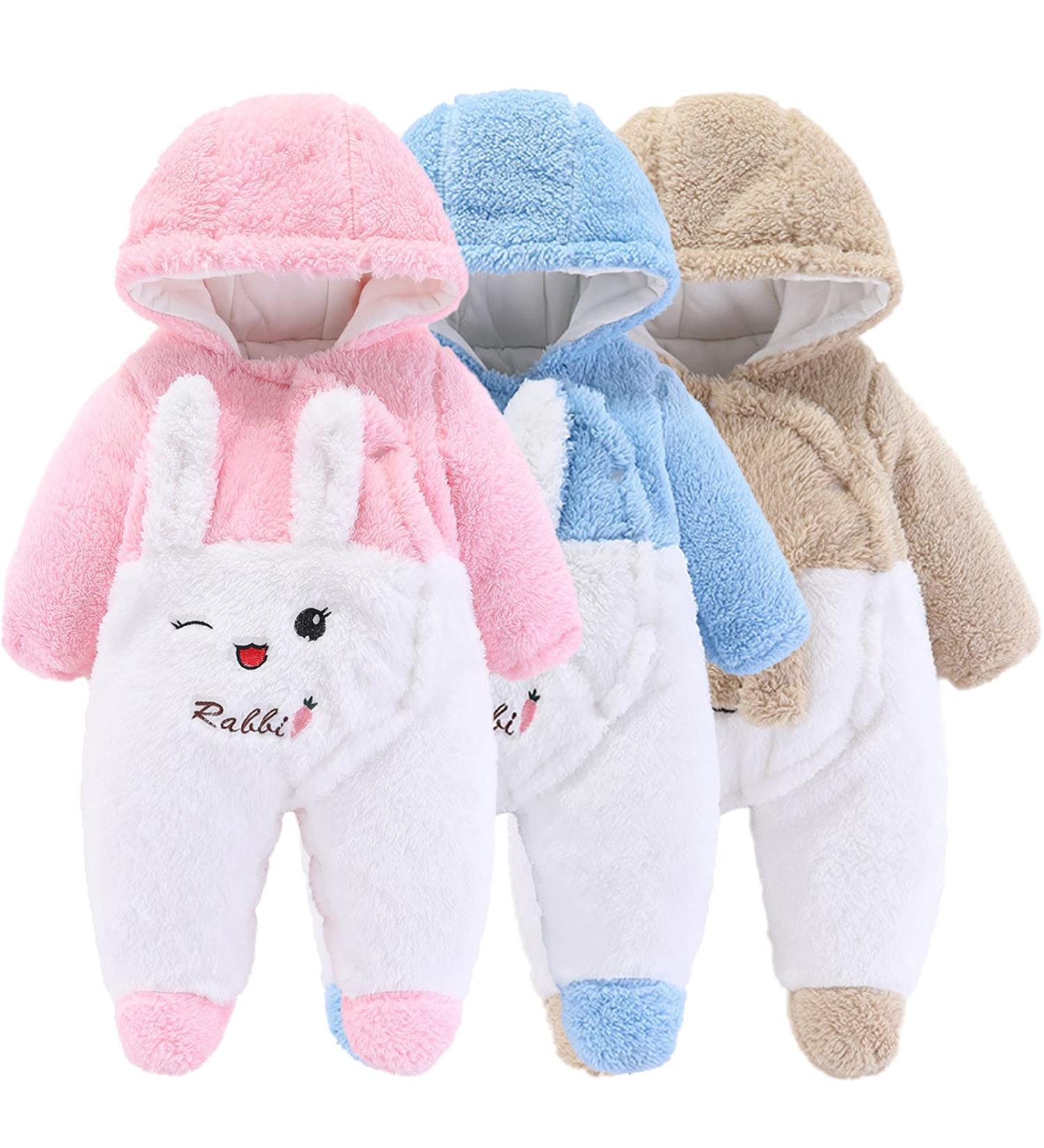 Cartoon Bear Snowsuit Winter Coat Fleece Hooded Romper | Newborn Baby Jumpsuit | 3-6 Months | Pink Rabbit - Buy Online on GoSupps.com