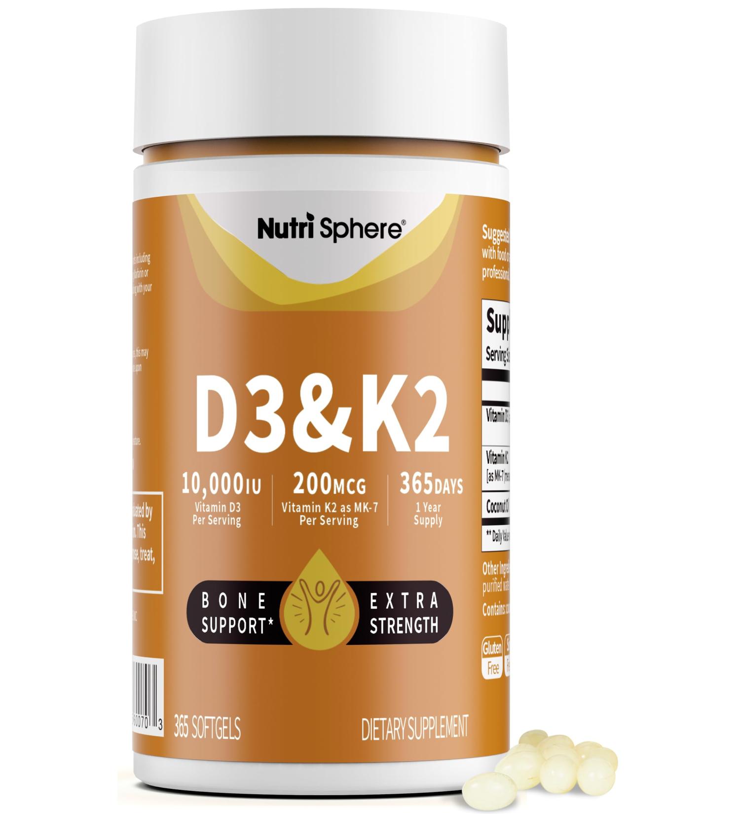 NutriSphere Vitamin D3 & K2 (MK-7) - 10 000 IU + 200 mcg Supplement D&K Easy to Swallow Supports Calcium Absorption - 365 Softgels (1 Year Supply) - Buy Online on GoSupps.com