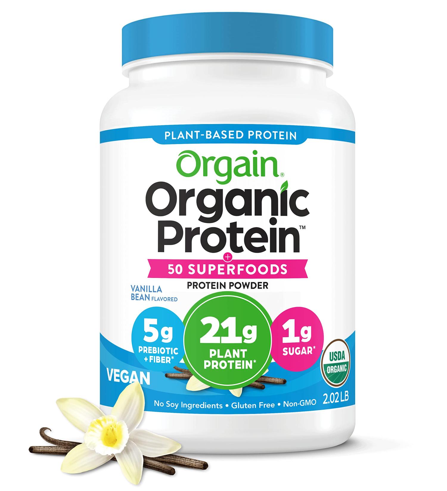 Orgain Organic Protein + Superfoods Powder - Vanilla Bean, 21g Vegan Protein, Non-GMO, 5g Fiber, 2.02lb - Buy Online on GoSupps.com