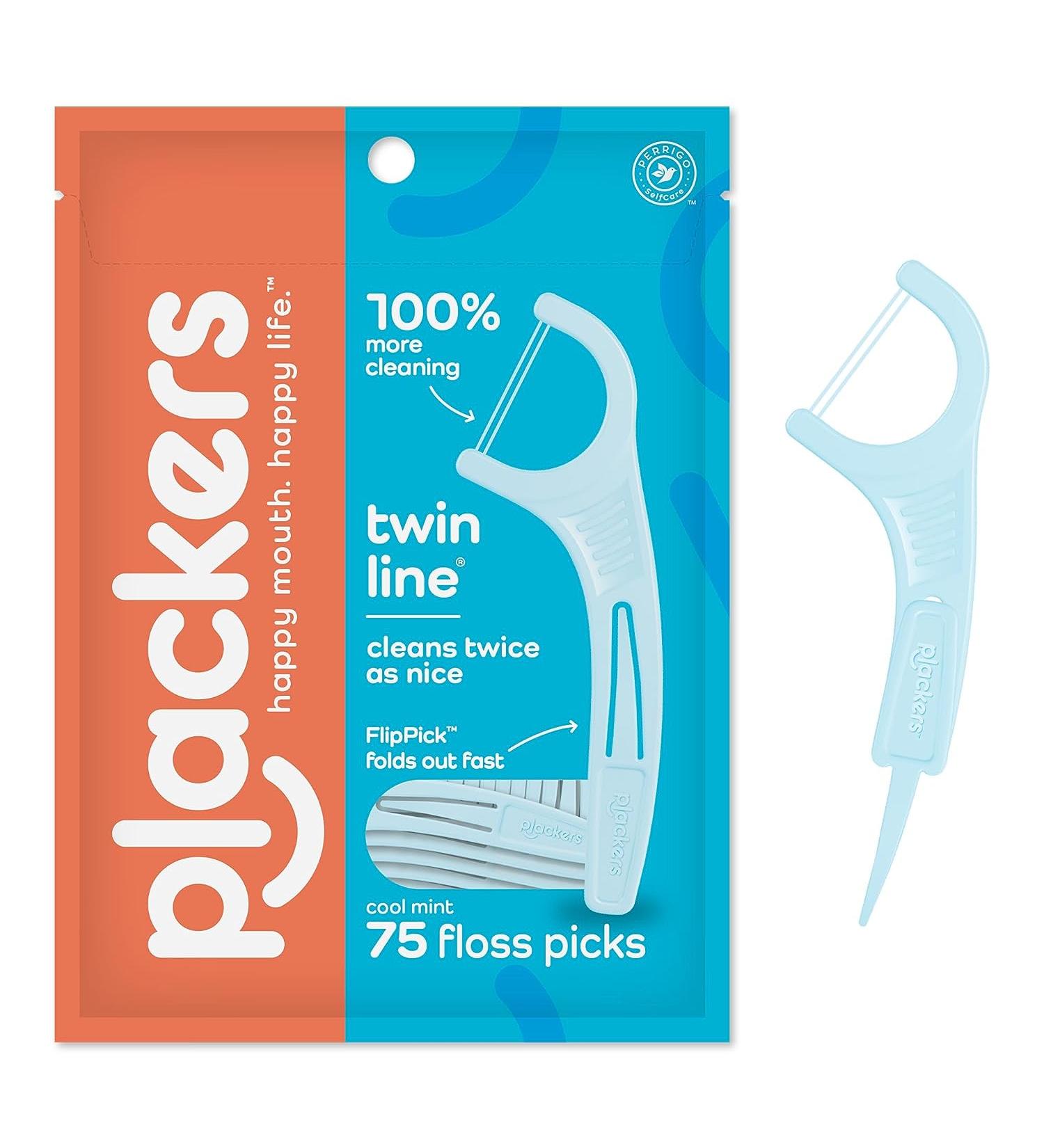 Plackers Twin-Line Dental Flossers 75 Count - Cool Mint Flavor, Dual Action Flossing System with Super Tuffloss for Easy Storage - 2X The Clean - Buy Online on GoSupps.com