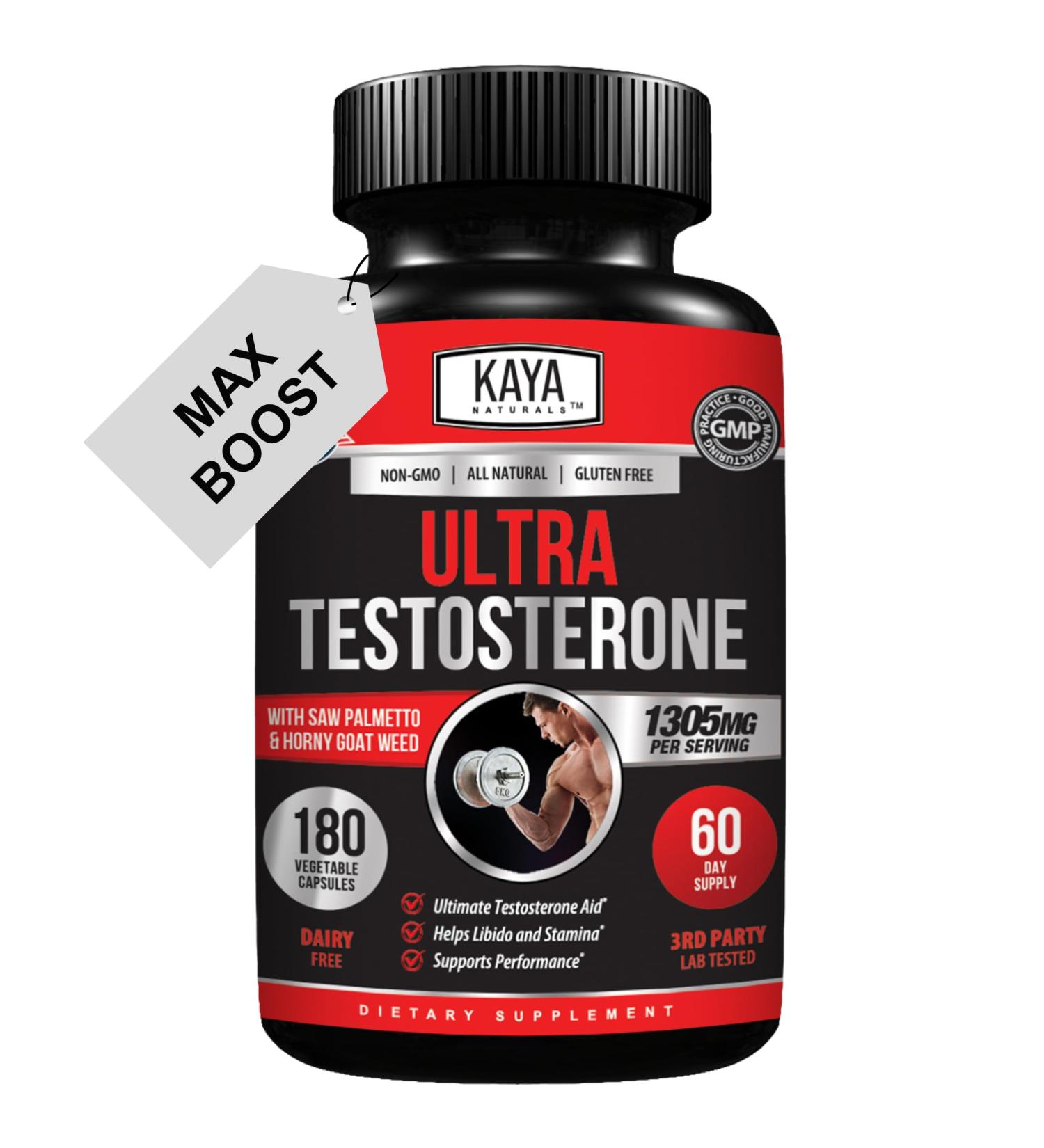Kaya Naturals UltraTest- Men's T Booster with Tongkat Ali Horny Goat Weed Tribulus - Natural Workout Supplement for Energy Stamina and Strength Booster - 180 Count 180 Count (Pack of 1) - Buy Online on GoSupps.com
