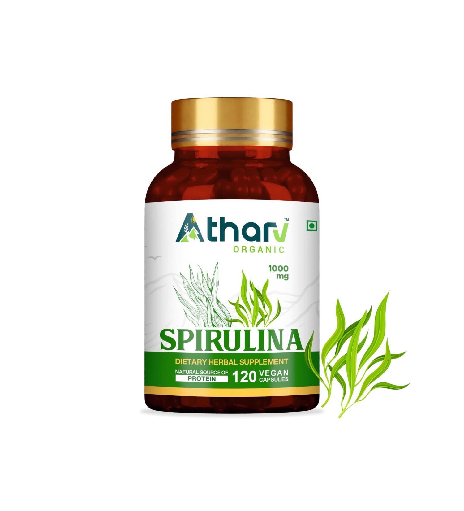ATHARV ORGANIC Spirulina Supplement 1000mg | 120 Vegan Capsules | Rich in Natural Nutrients | Non-GMO & Gluten-Free | Daily Wellness Support - Buy Online on GoSupps.com