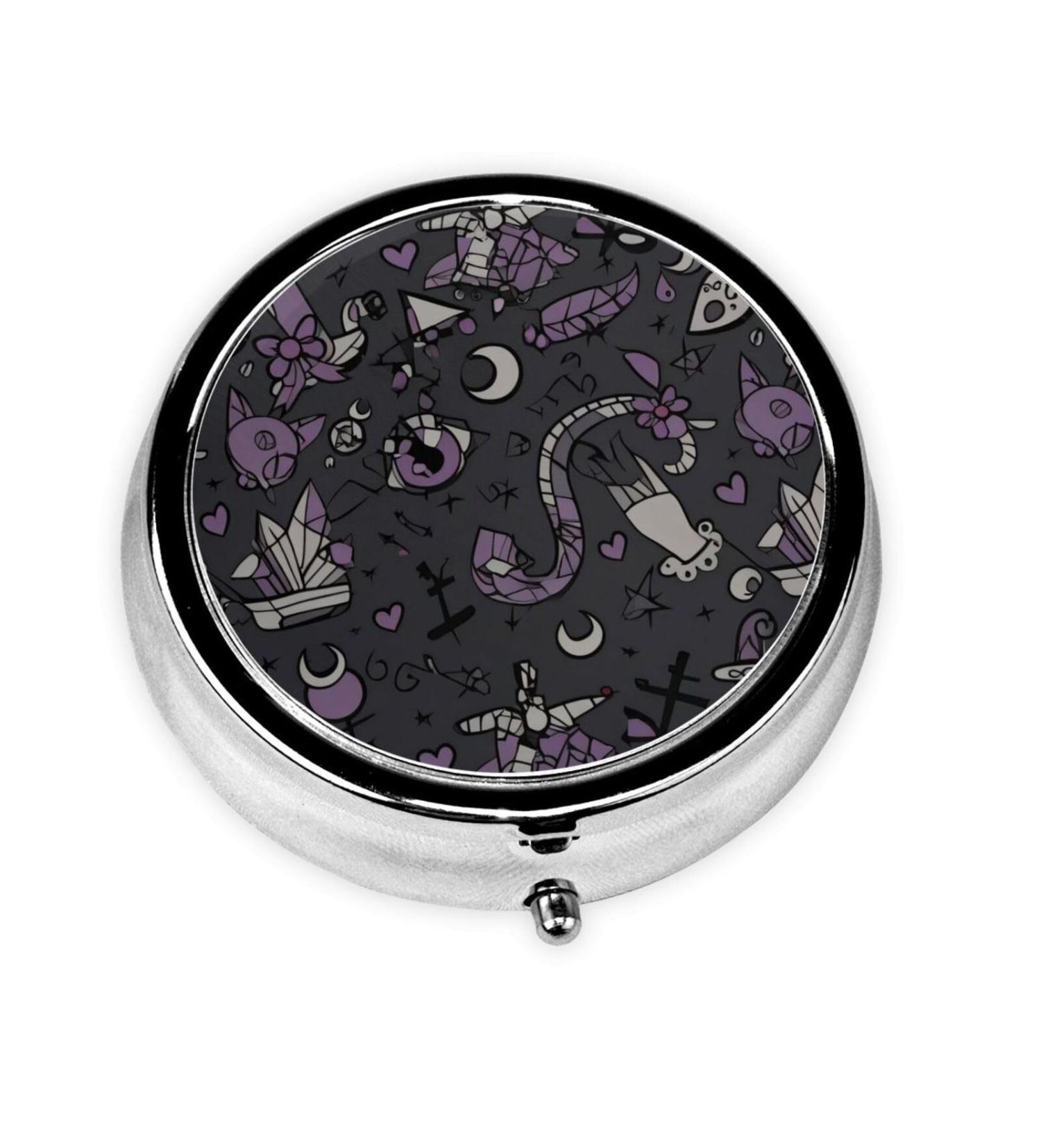 Purple Black Goth Spooky Portable Metal Pill Box - Round Mini 3-Compartment with Hinged Design | Perfect for Small Pills & Travel - Buy Online on GoSupps.com