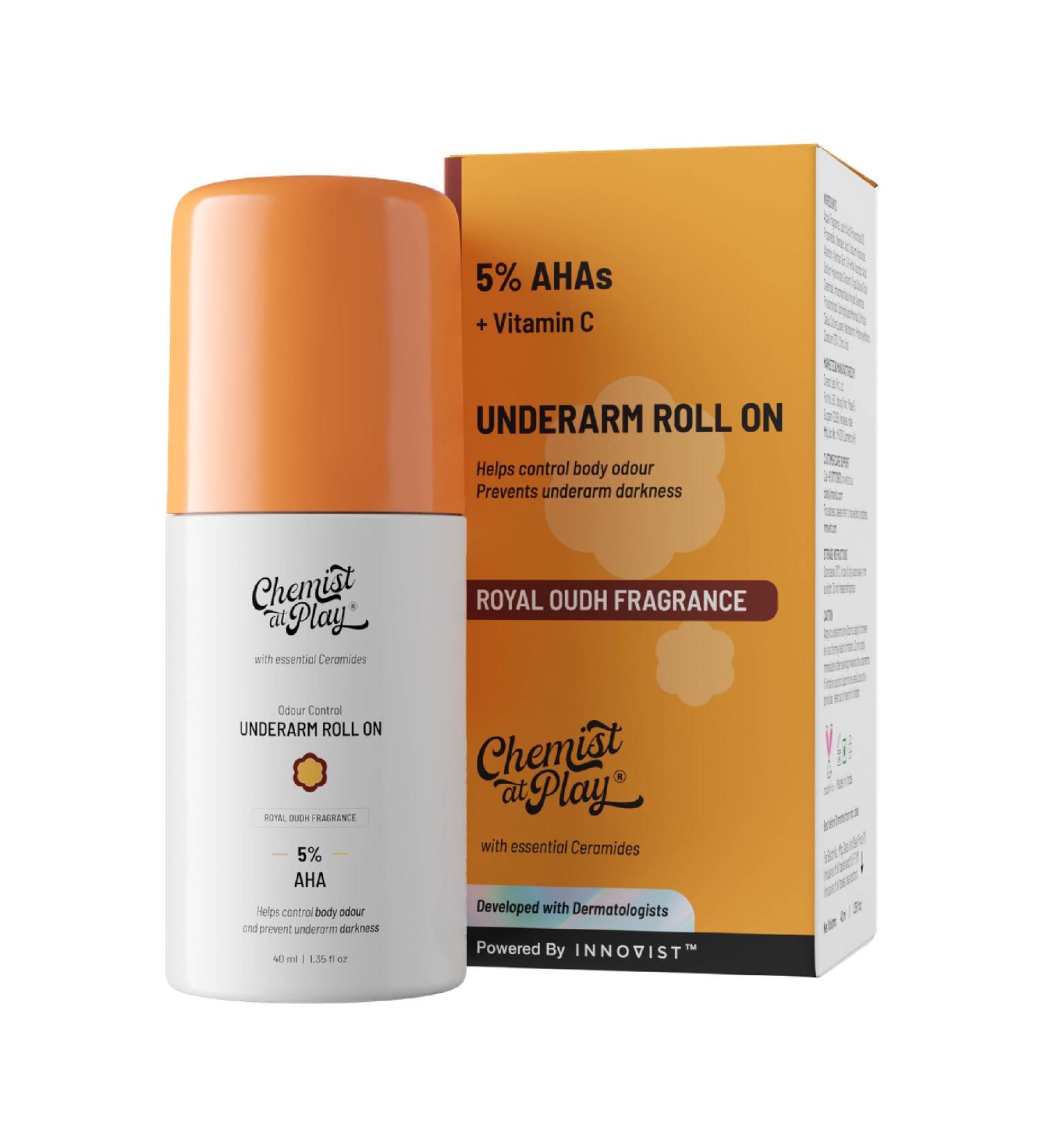 UnderArm Roll-On with 5% AHA Lactic Acid & 1% Mandelic Acid | Prevents Body Odour Brightens Skin & Exfoliates Underarm | For Sensitive Skin | Royal Oudh Fragrance | Alcohol Free-40ml 1.4 Fl Oz (Pack of 1) Royal Oudh - Buy Online on GoSupps.com