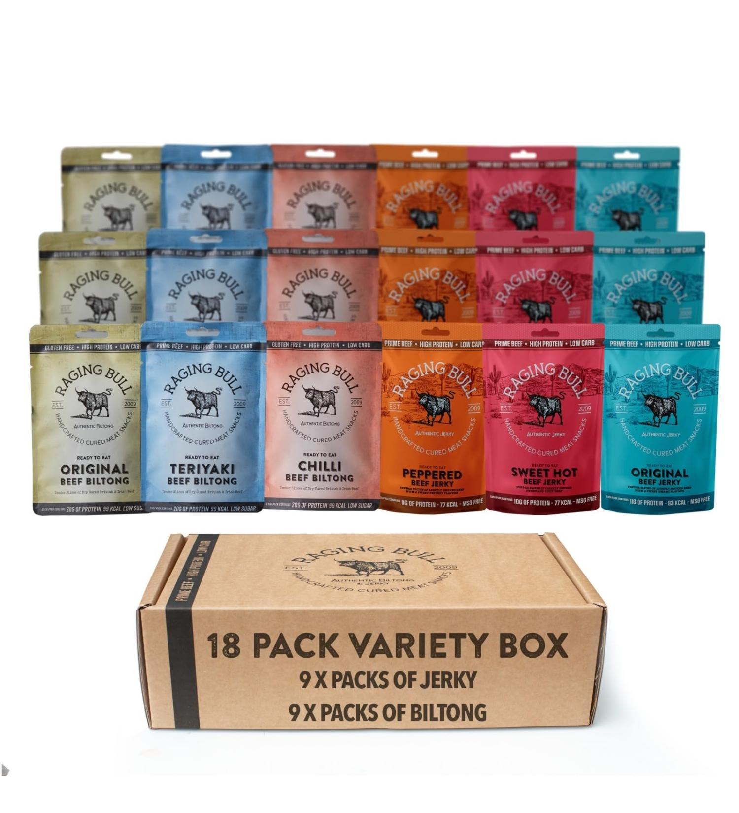 Raging Bull Biltong & Jerky Variety Box - 18 Bags of Deliciously Tender High Protein Snacks - Buy Online on GoSupps.com