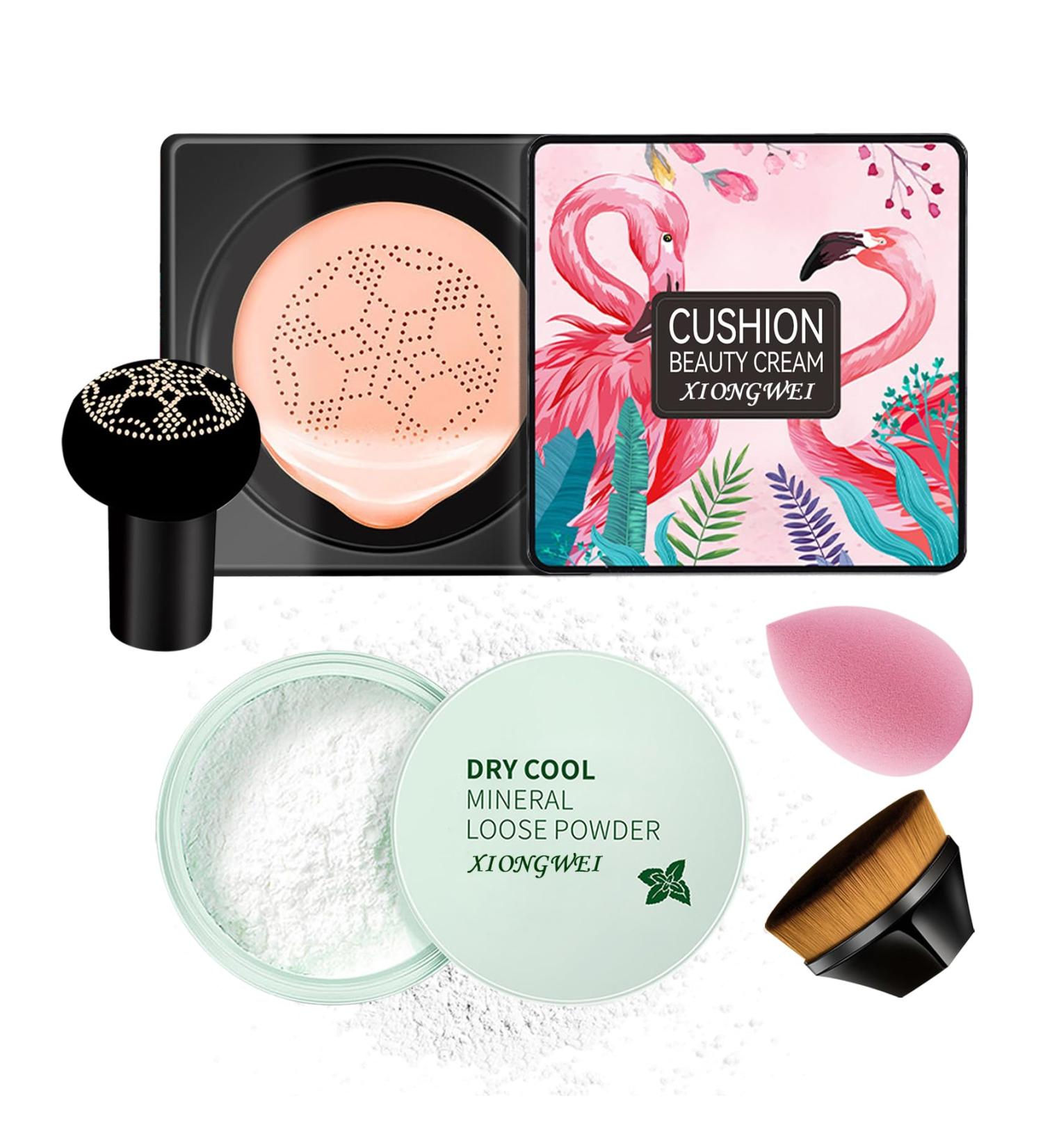Air Cushion CC Cream Mushroom Head Foundation Matte Concealer Full Coverage Liquid Foundation Set with Makeup Sponge & Foundation Brush Lightweight Long Lasting Oil Control Face Loose Setting Powder - Buy Online on GoSupps.com