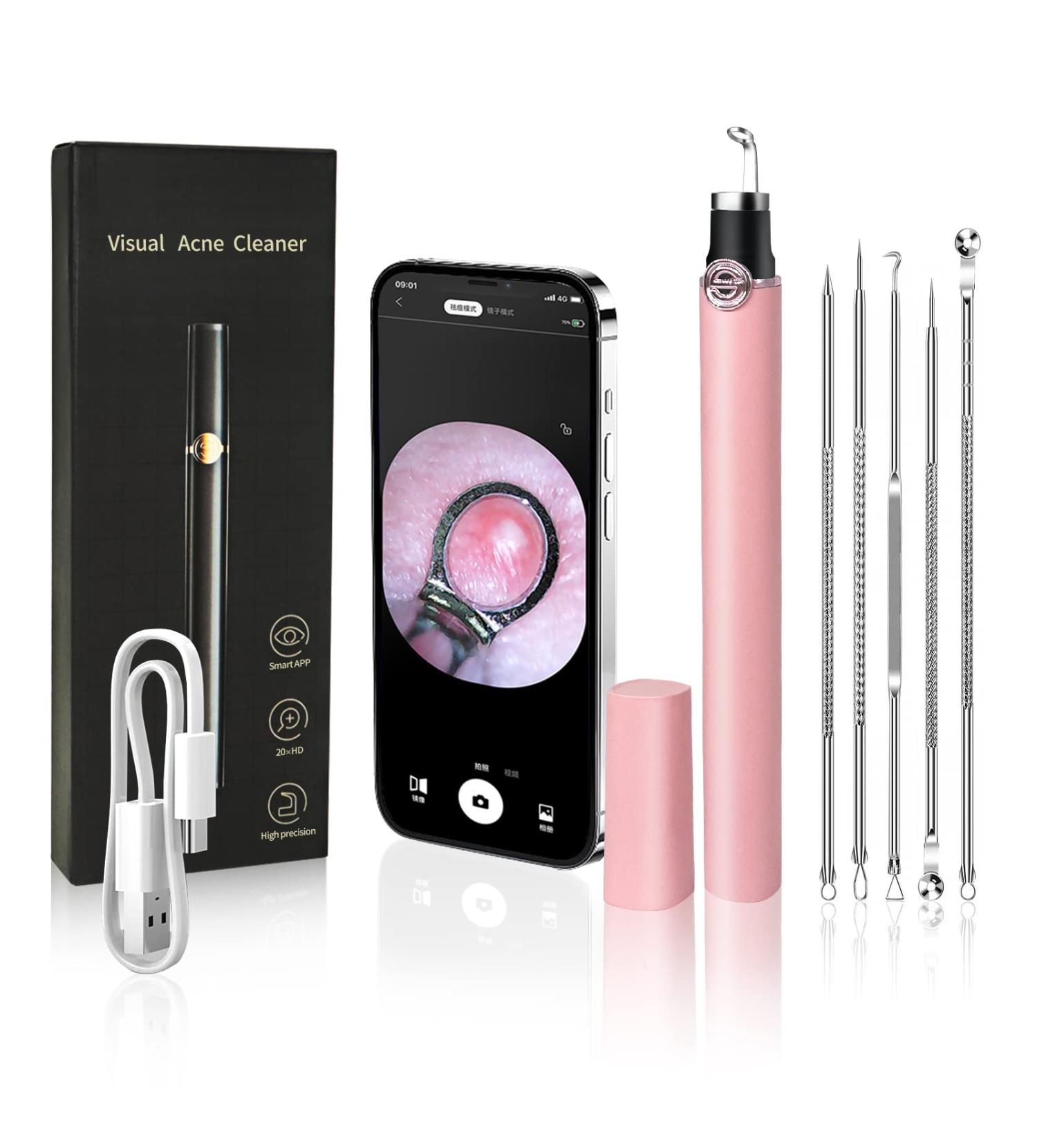Blackhead Remover Tool Kit with Camera | Stainless Steel Pimple Popper Extractor for Blemish, Whitehead, Comedone, Zit, Acne | Pink - Buy Online on GoSupps.com