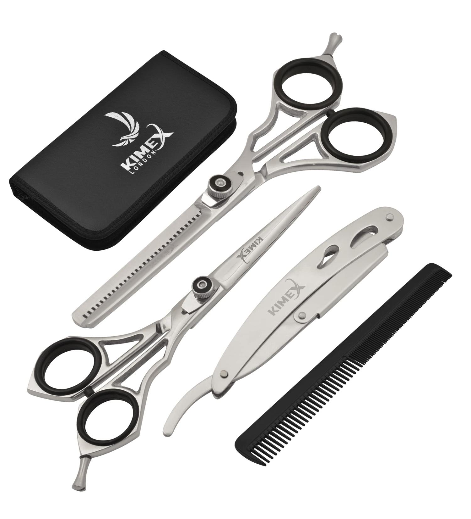 Kimex London Professional Hair Scissor Set - Stainless Steel Cutting Shears for Hairdressers and Barbers | Includes Thinning Scissor, Razor, Combs, and Leather Cover - Silver - Buy Online on GoSupps.com