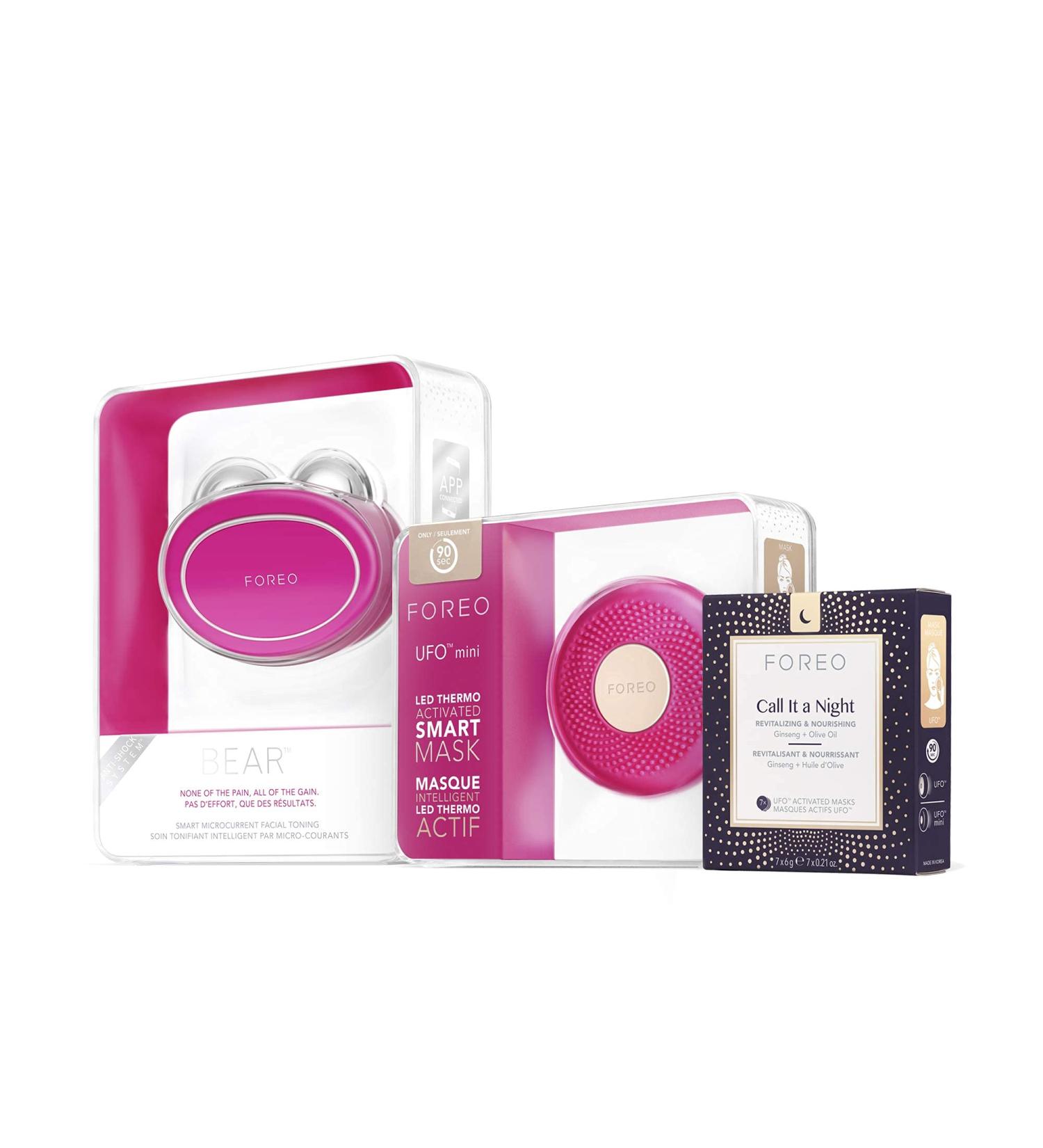 FOREO Bear App-Connected Microcurrent Facial Toning Device + UFO Mini Facial LED Light Therapy Device for All Skin Needs + UFO-Activated Nourishing and Revitalizing Facial Treatment Face Mask Toning Device + LED Therapy Device + Face Mask - Buy Online on GoSupps.com