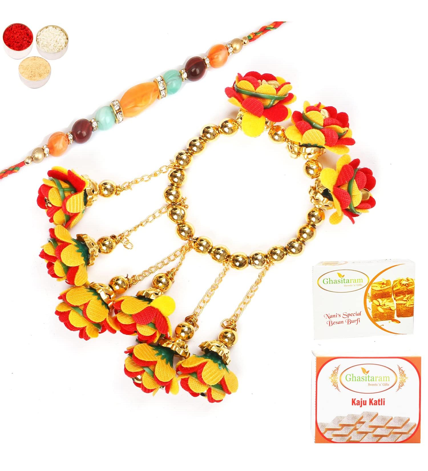 Ghasitaram Gifts Rakhis Online - Rakhi for Brother-TK-27 Bhaiya Bhabhi Rakhi with 200 GMS of Besan Barfi and 200 GMS of Kaju Katli Rakhi Set with 200 gms of Besan Barfi & Kaju Katli - Buy Online on GoSupps.com