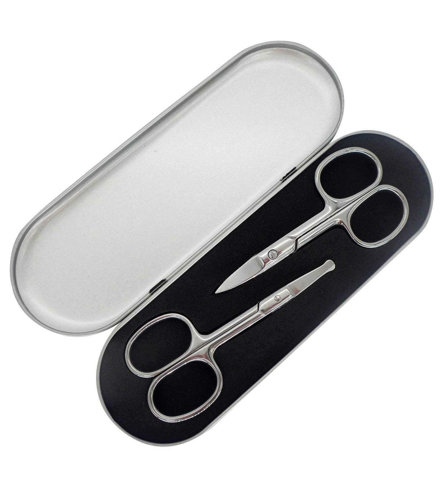 2pcs Stainless Steel Facial Hair Trimming Kit with Storage Box - Grooming Scissors for Nose, Beard, Mustaches, Eyebrow, Eyelashes, Ear Hair - Men and Women - Buy Online on GoSupps.com