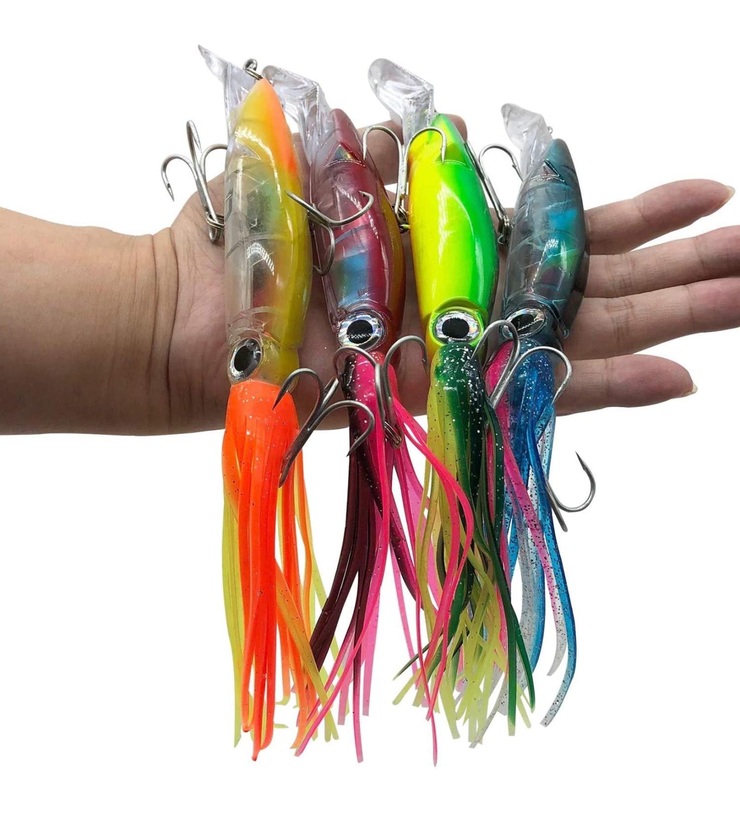 DAMIDEL Large Squid Fishing Lures Bait Kit - 4 Pcs | 3D Holographic Eyes | Built-in Multicolored Lead Blocks | Heavy Duty & Stable | 4 Color Options - Buy Online on GoSupps.com