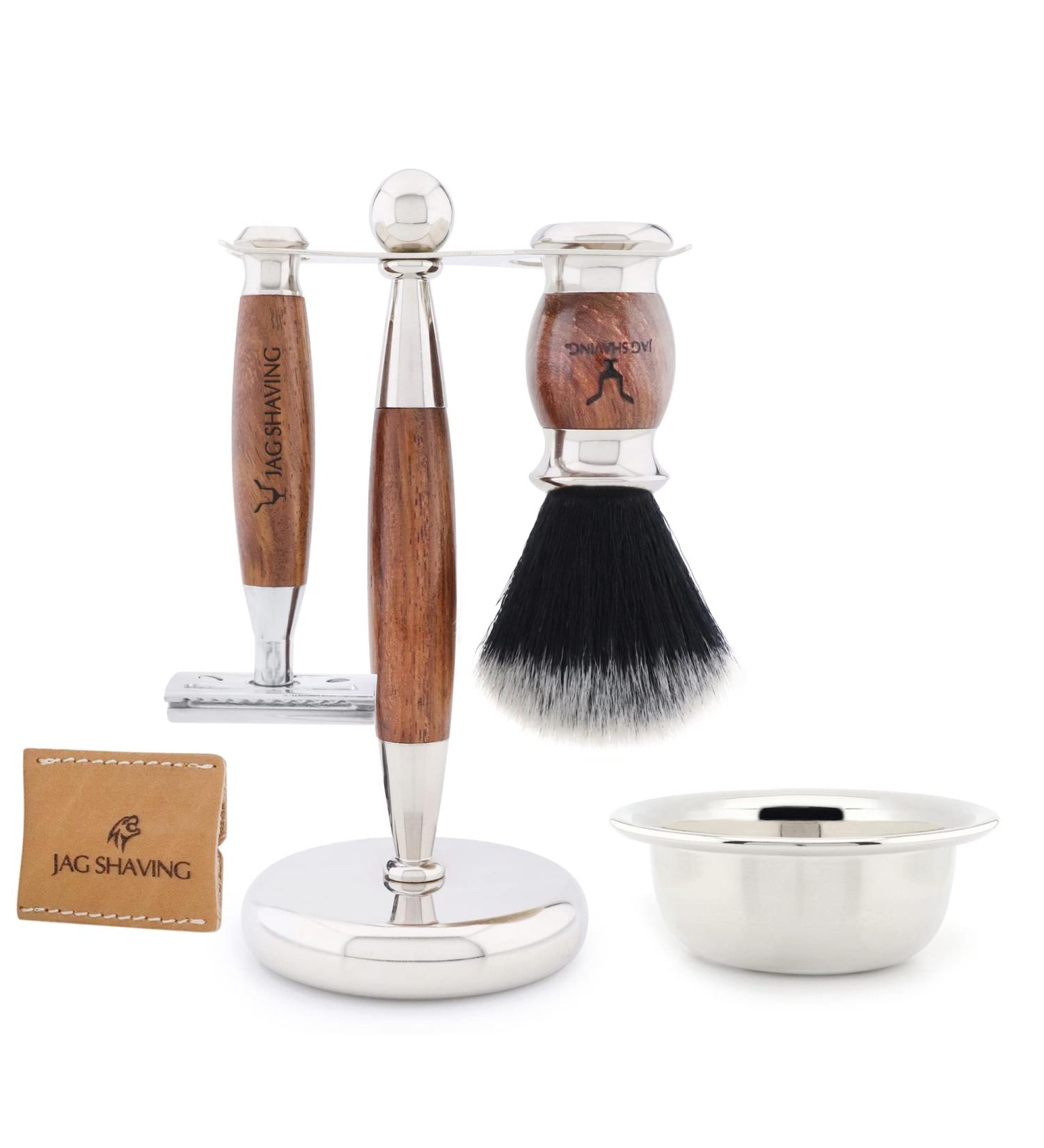 JAG SHAVING LEE Range 5-Part Shaving Set - Black Synthetic Hair Brush Double Edge Razor Rack Leather Bag Bowl & Wood - Premium International Shipping - Buy Online on GoSupps.com
