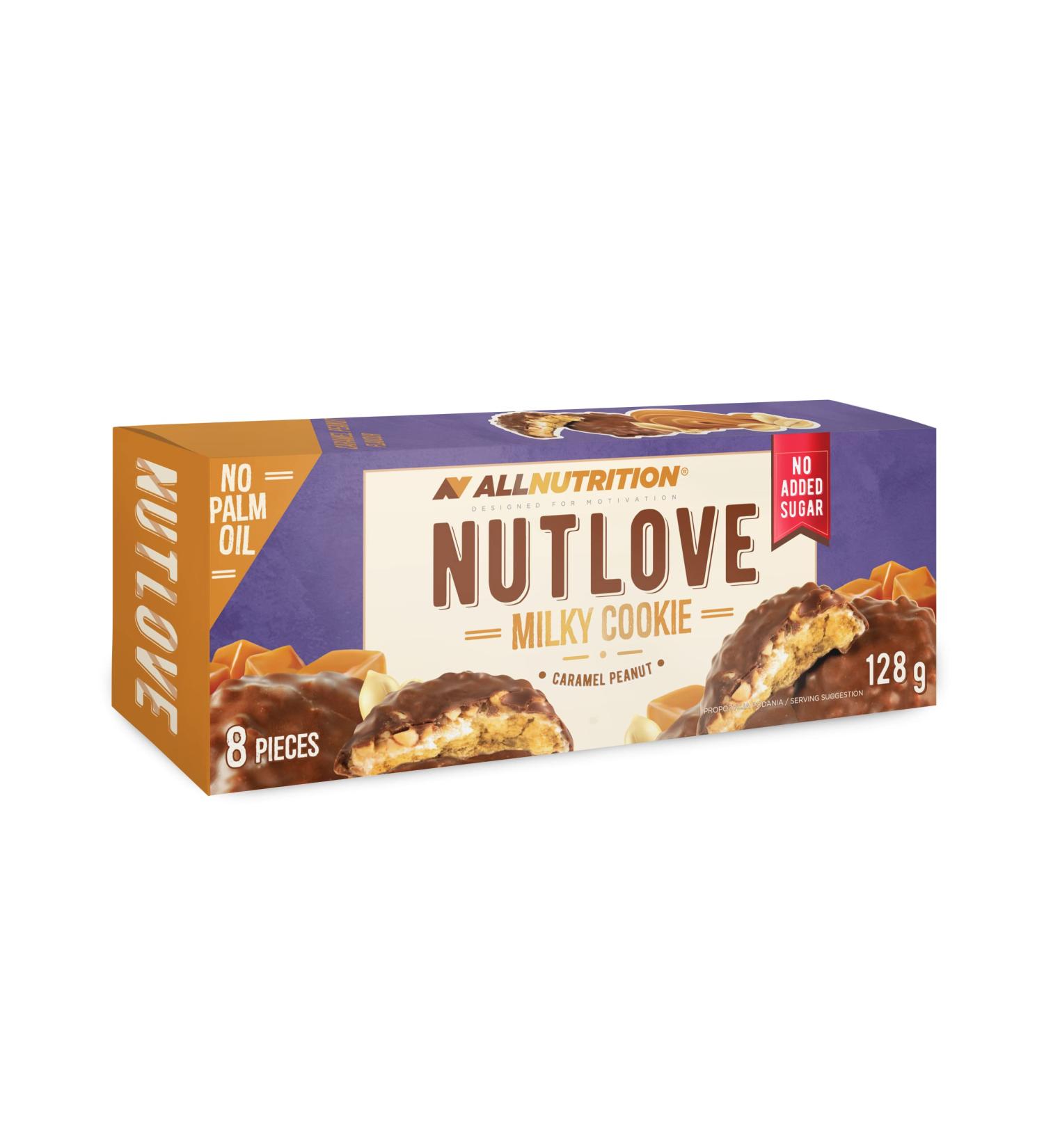 ALLNUTRITION Nutlove Cookies No Sugar Added Cakes - Milk Chocolate Cookies with Peanut and Caramel Filling - Low Calorie Treats - 1 Box x 128g - Buy Online on GoSupps.com