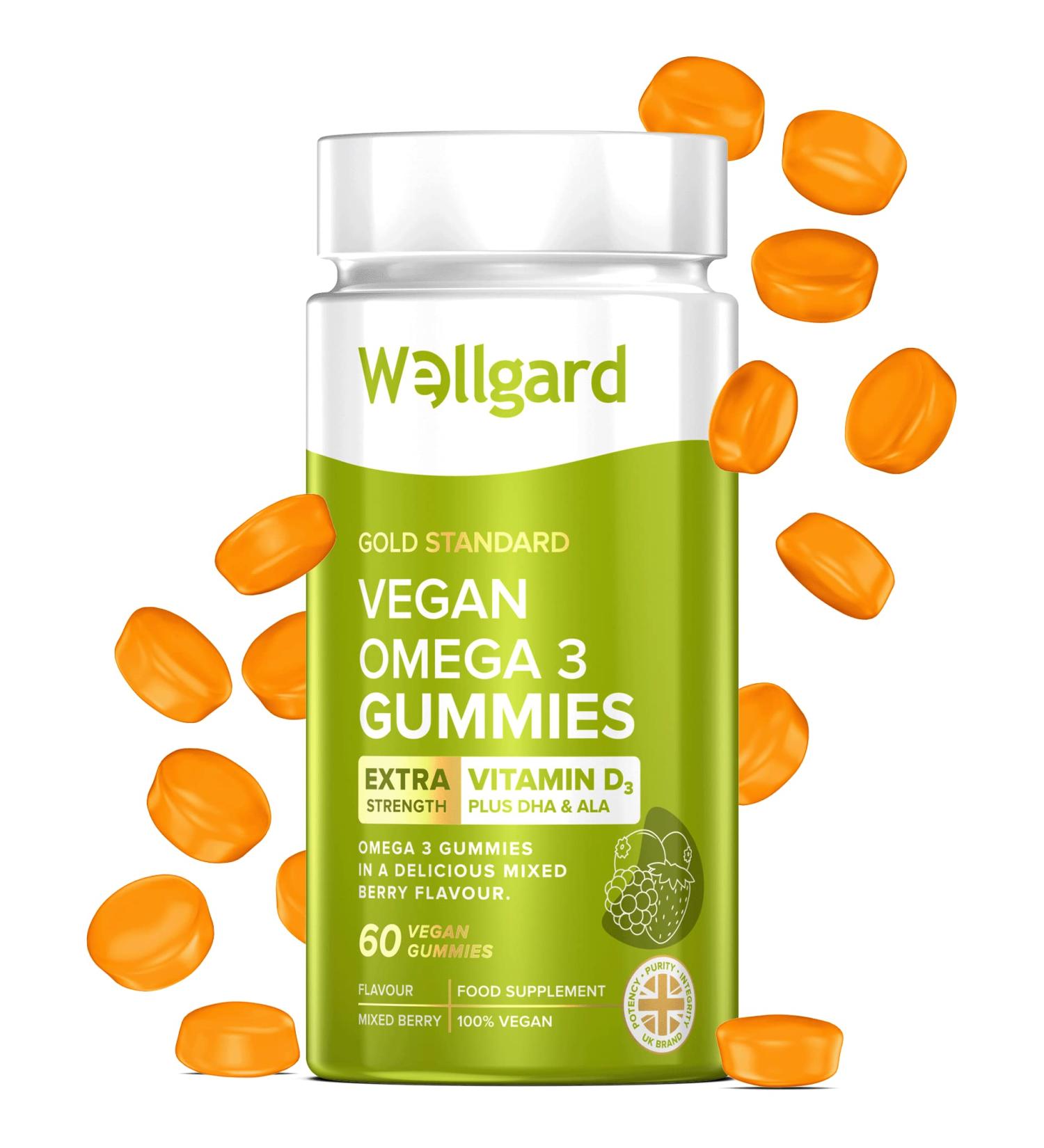 Wellgard Vegan Omega 3 Gummies - Chewable Algae-Derived DHA & ALA Supplements - Allergen-Free - Natural Flavour - Formulated in UK - Buy Online on GoSupps.com