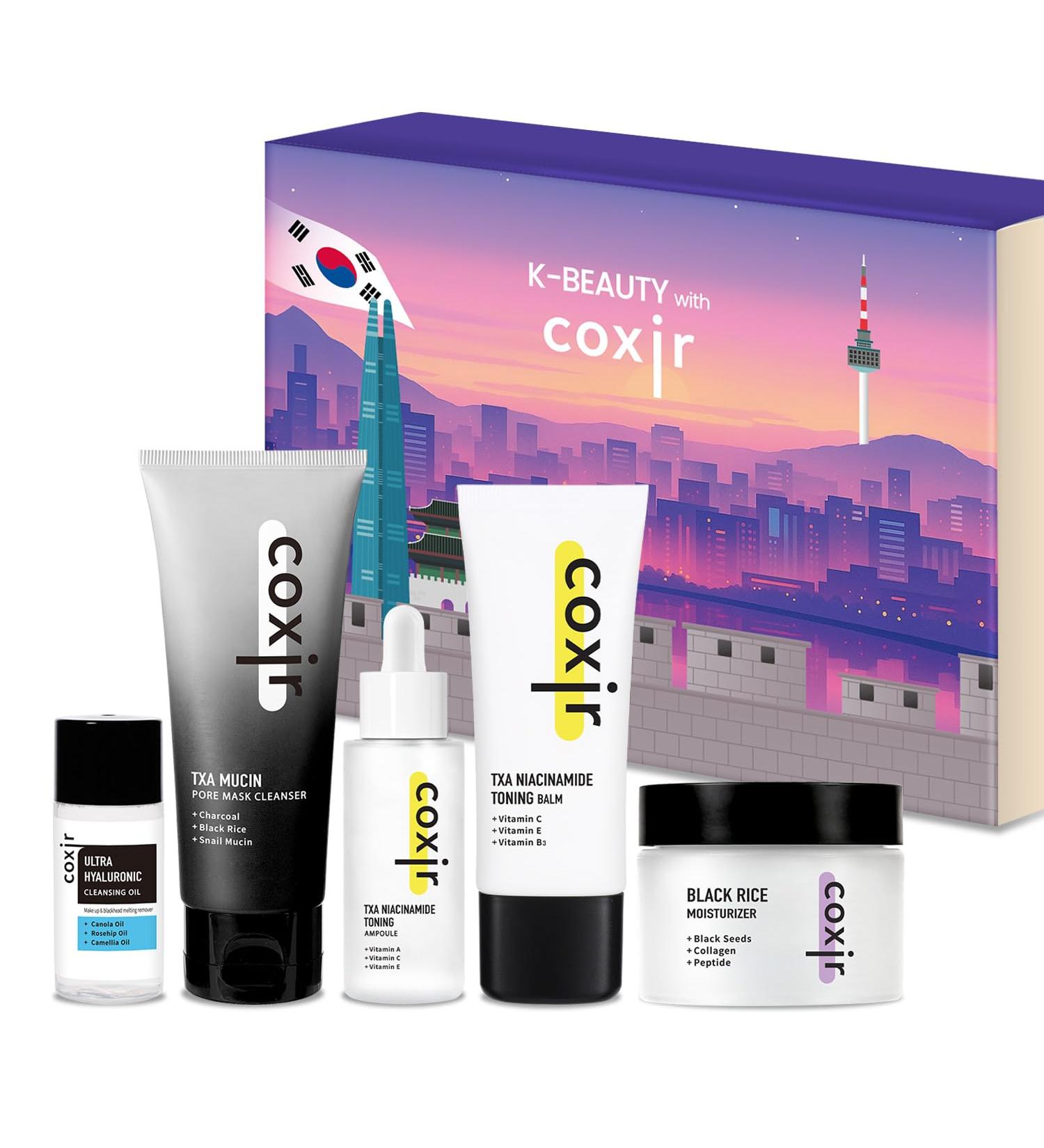 New Years Gift Set coxir K-Beauty Seoul Glow Set 5-Step Korean Skincare Routine with TXA & Black Rice Cleansing oil Mask Cleanser Ampoule Balm & Moisturizer korean skincare Holiday Gift - Buy Online on GoSupps.com