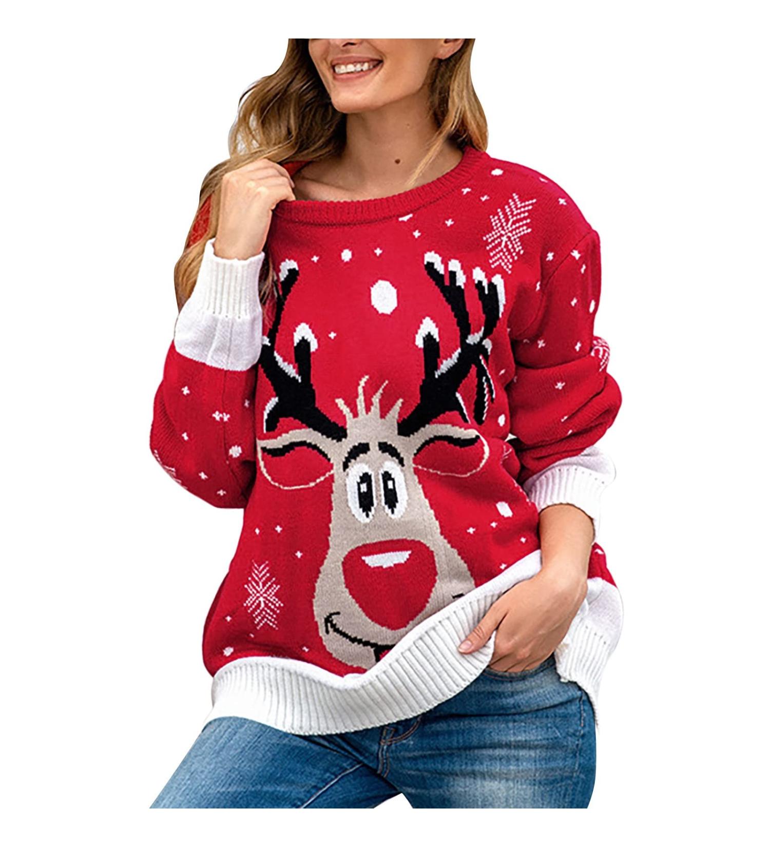 Elegant Women's Christmas Sweater - Reindeer Knitting Pattern Round Arm Winter Knitwear - Size 11 Red - Buy Online on GoSupps.com